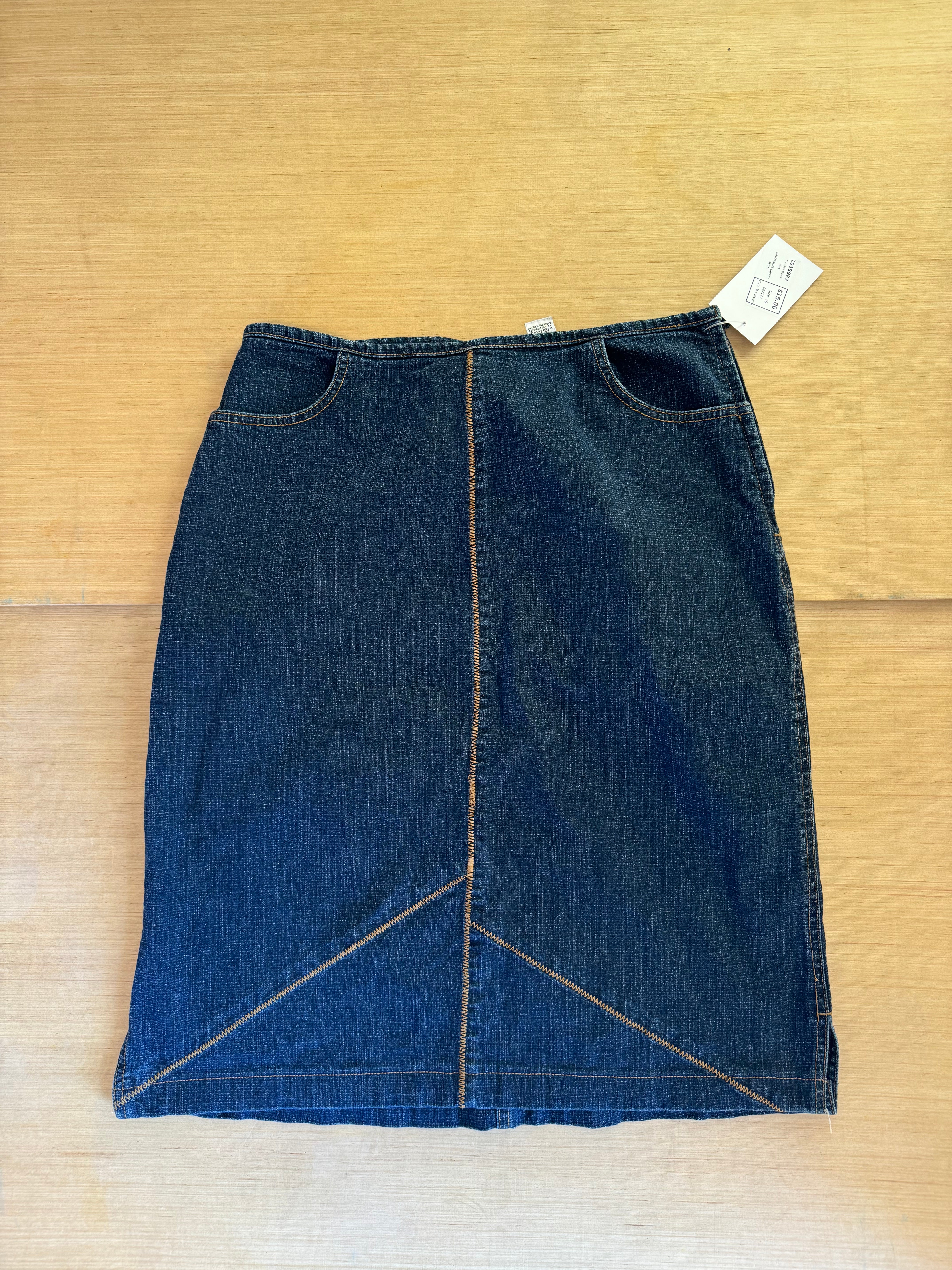blue madison studio patchwork denim skirt, 10 fits like a L
