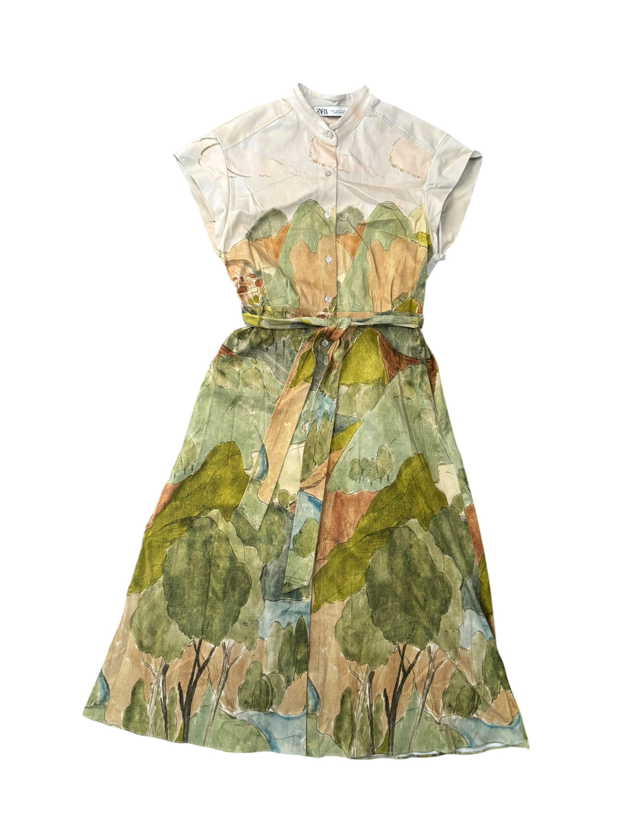 tan brown green zara scenic cap sleeve maxi dress w belt, s