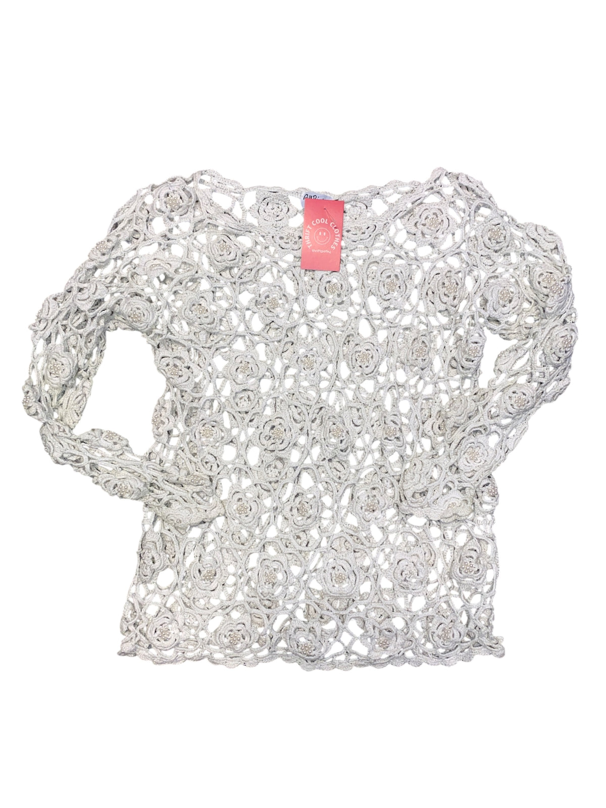 white All points Crochet flower pearl ls top
