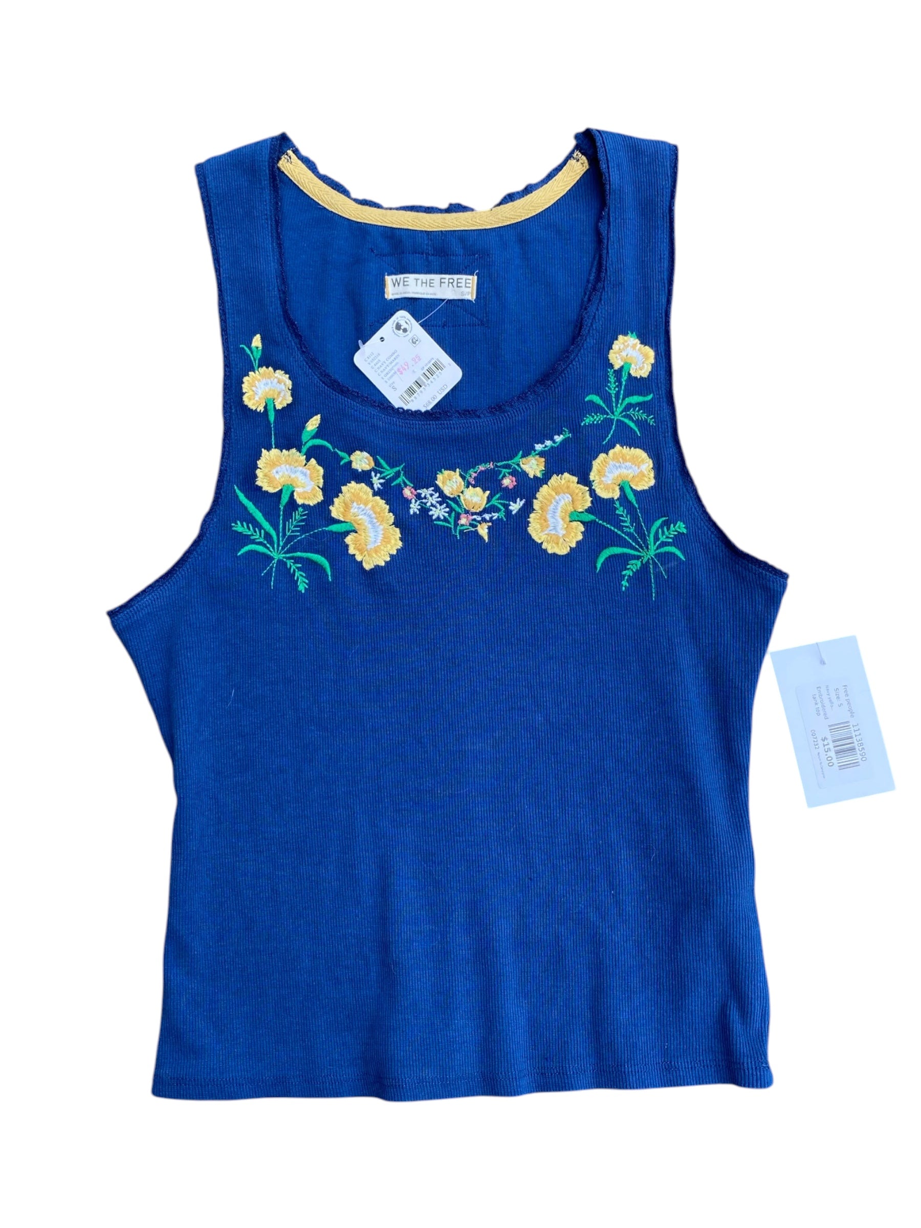 Navy yellow Free people Embroidered tank top, S