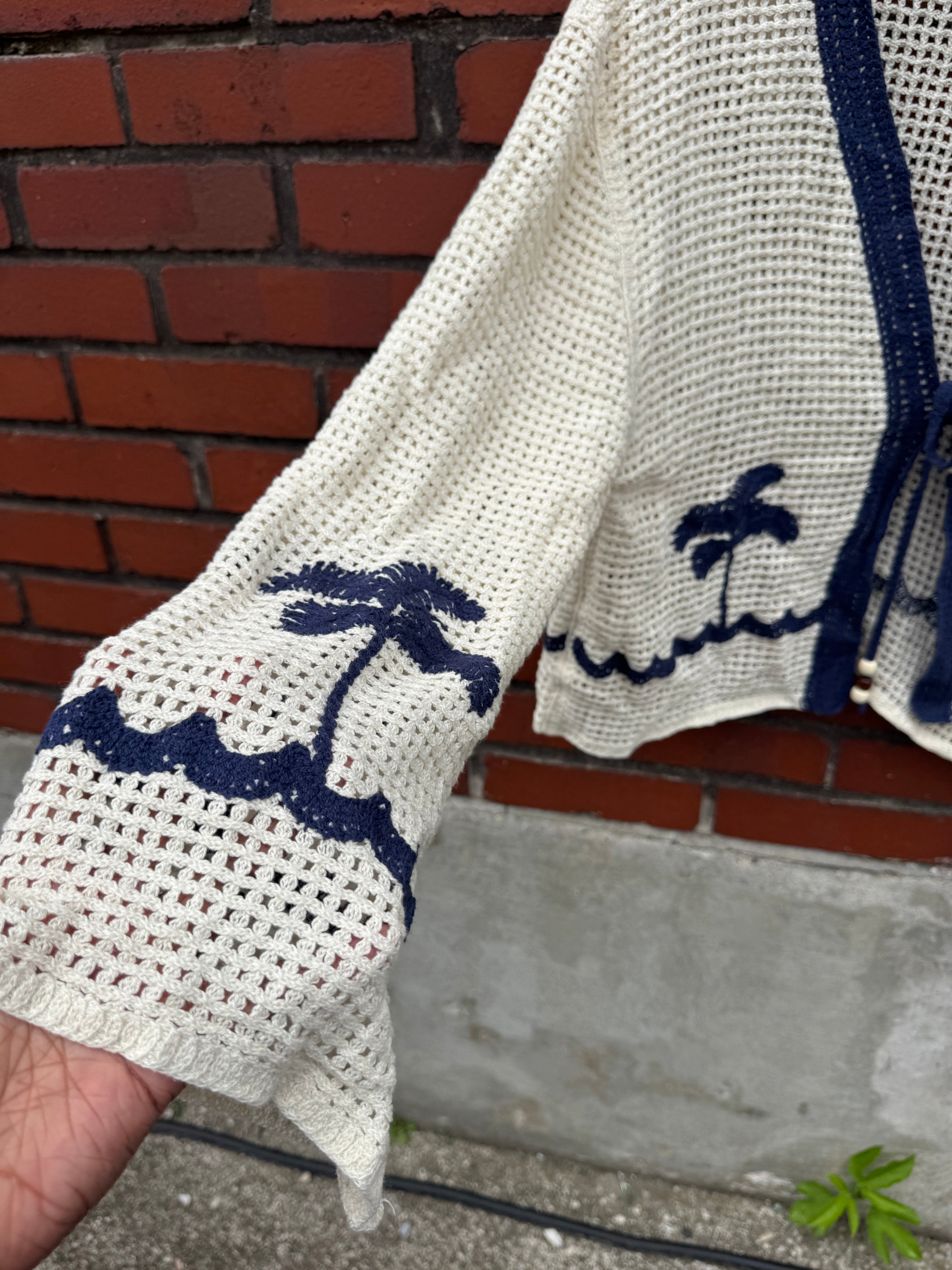 White Blue Celandine / Anthro Knit palm tree tie cardigan, OS