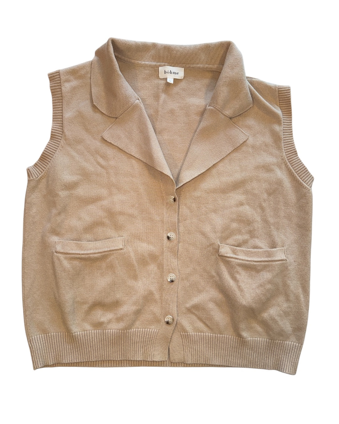 Tan Bohme Knit button up vest w collar, L
