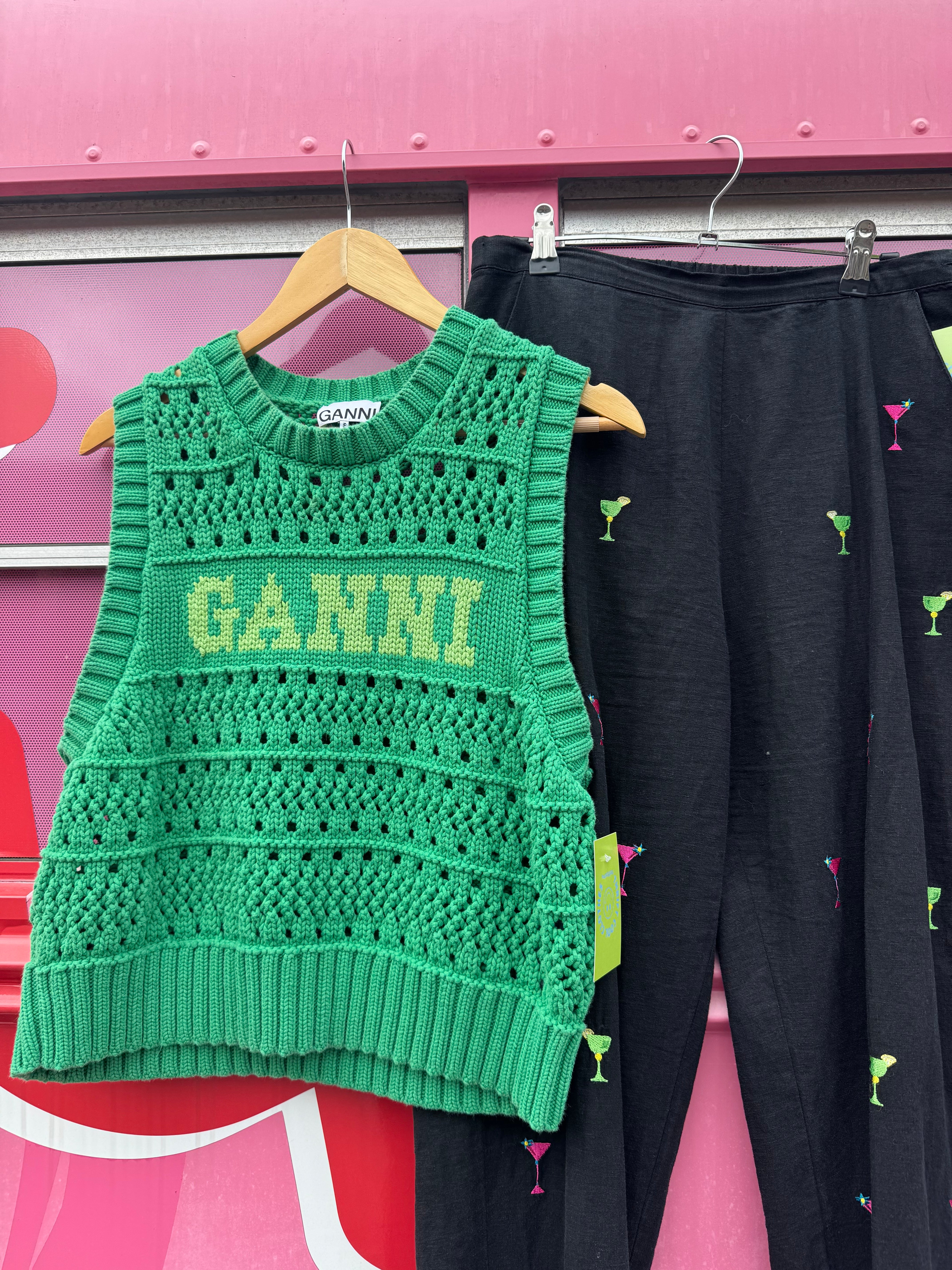 green ganni branded corchet vest, 2xl