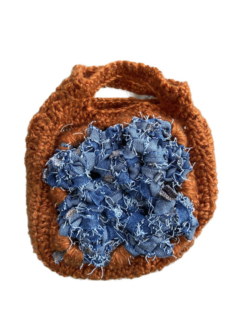 orange handmade upcycled crochet denim mini bag