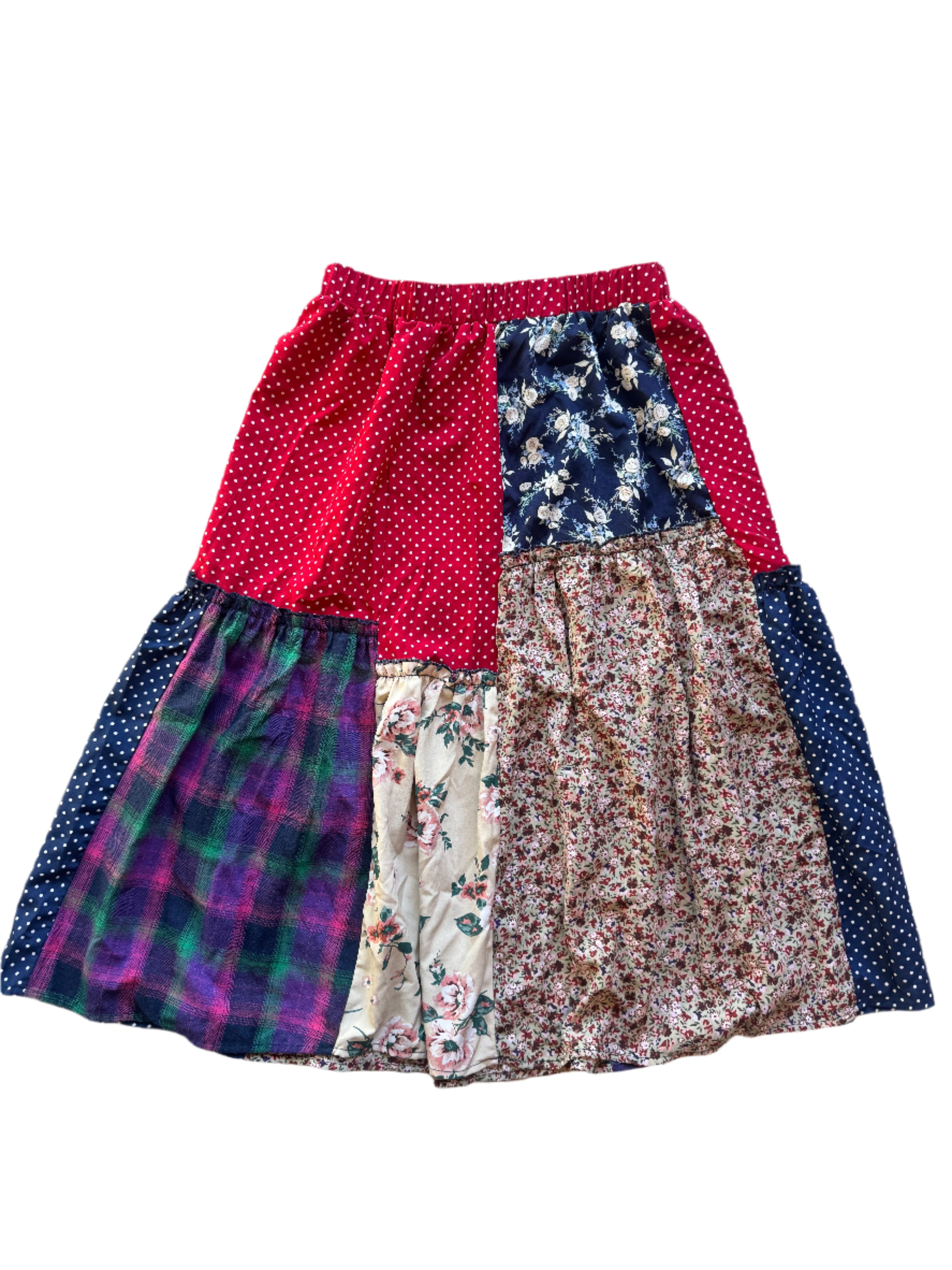Red multi Patchwork elastic waistband skirt, M/L