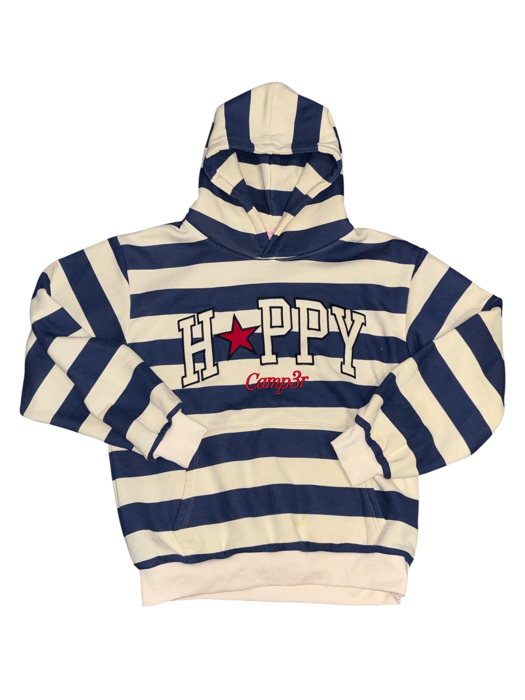 blue white happy camper striped hoodie, m