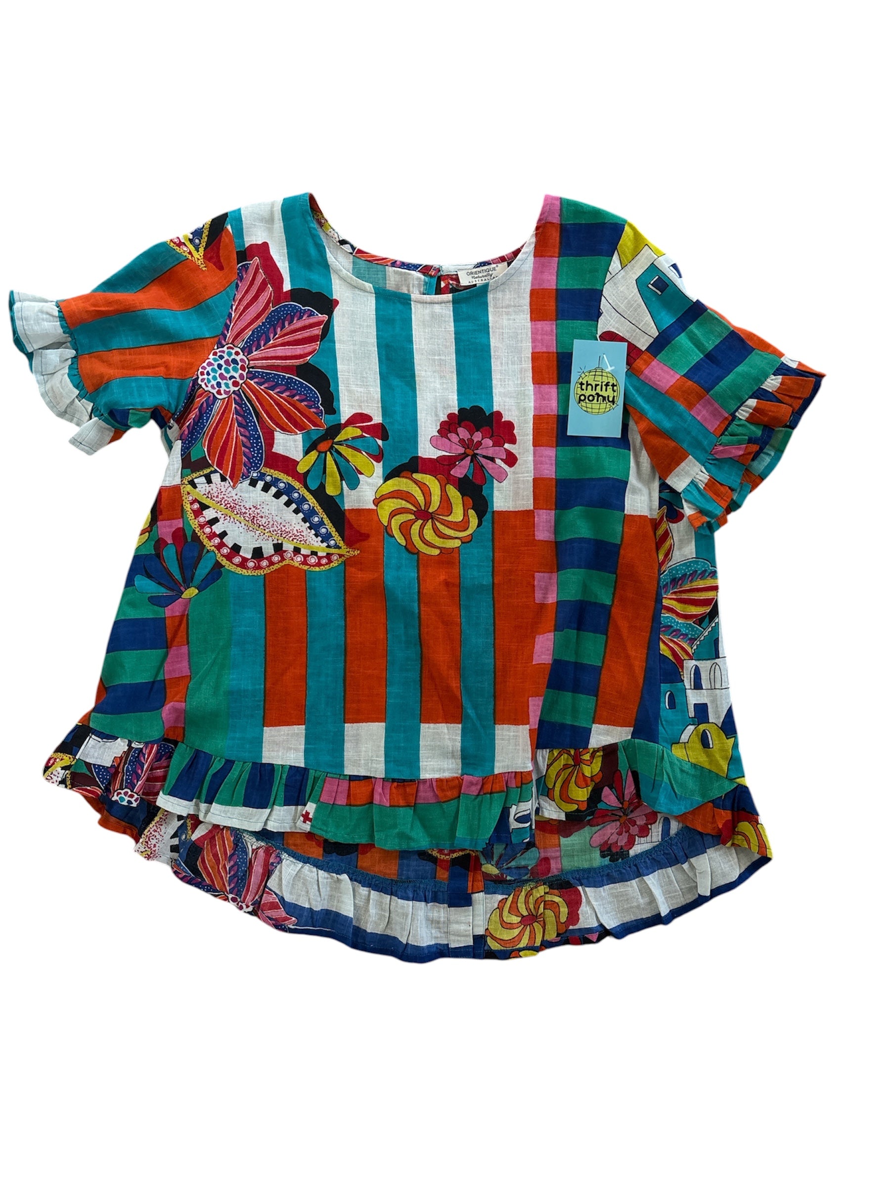 teal orange pink orientique multi pattern blouse, xs