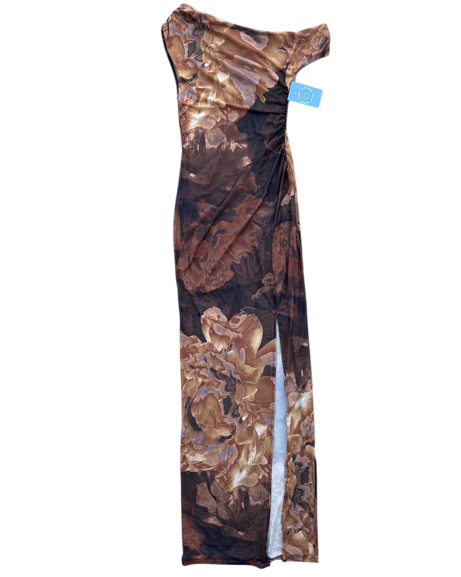 Brown tan Fashionnova Floral ruched off shoulder long dress, M