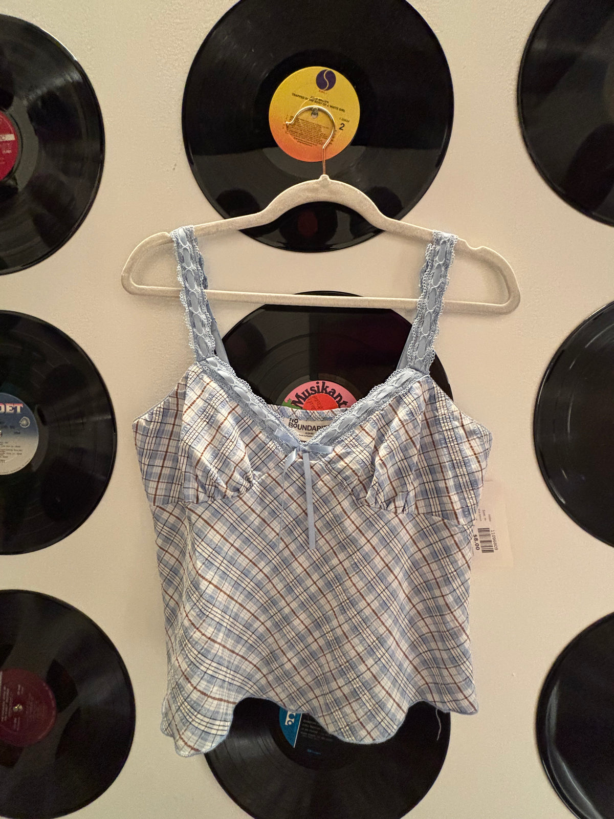 blue brown nobo plaid babydollt ank, m