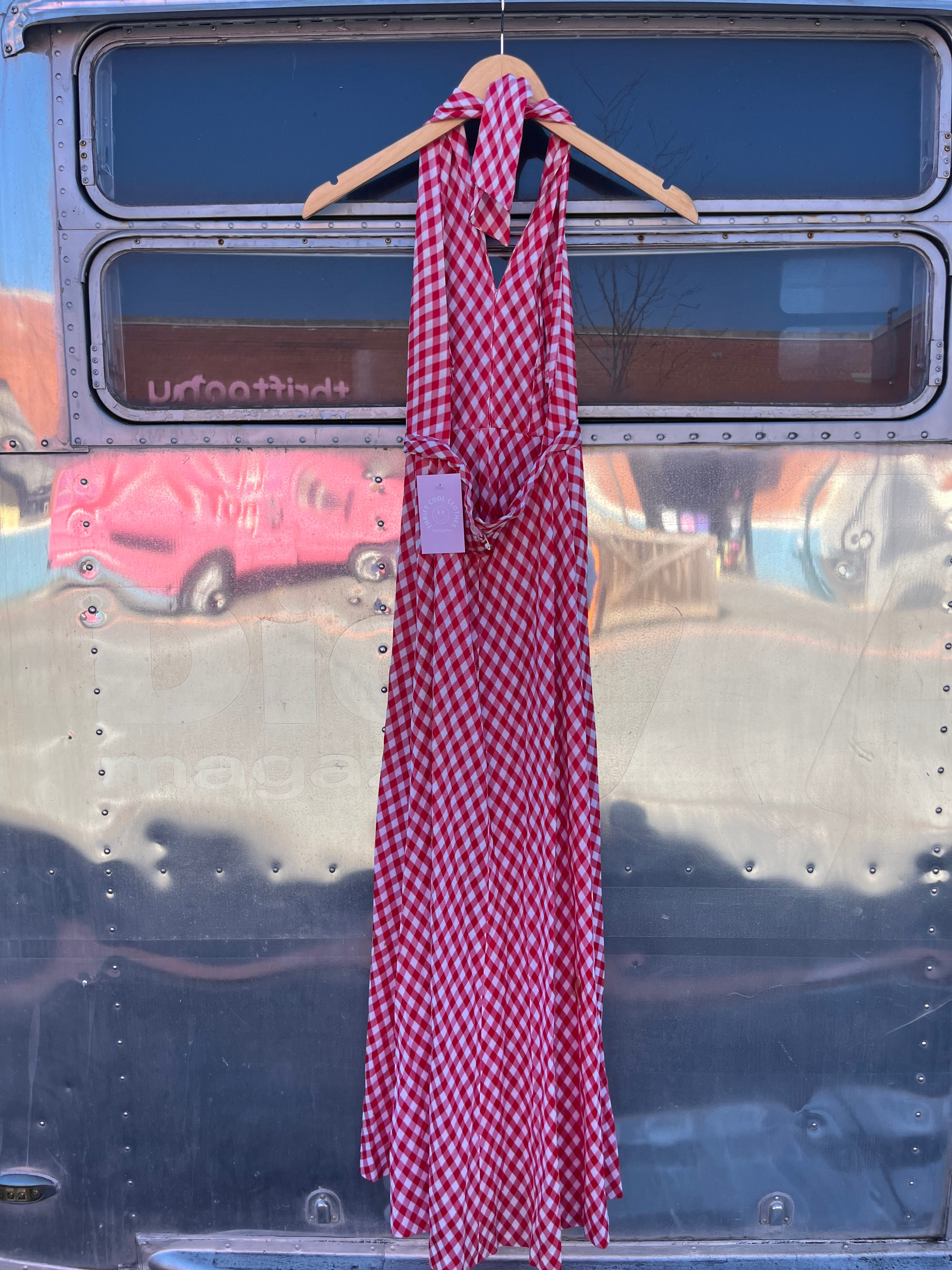 red white vtg gingham jumpsuit, xs