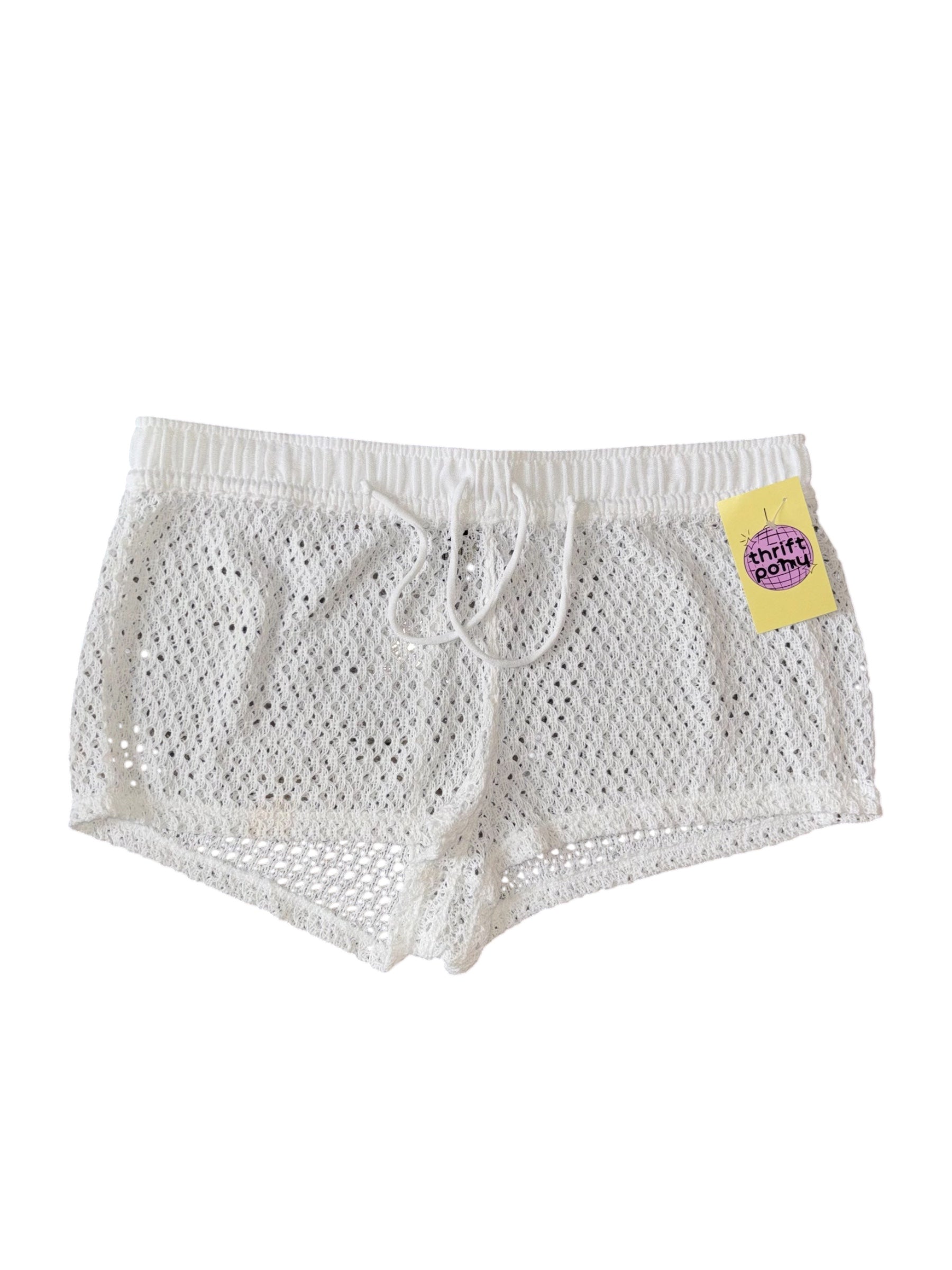 white endless sun mini crochet cover up shorts, l