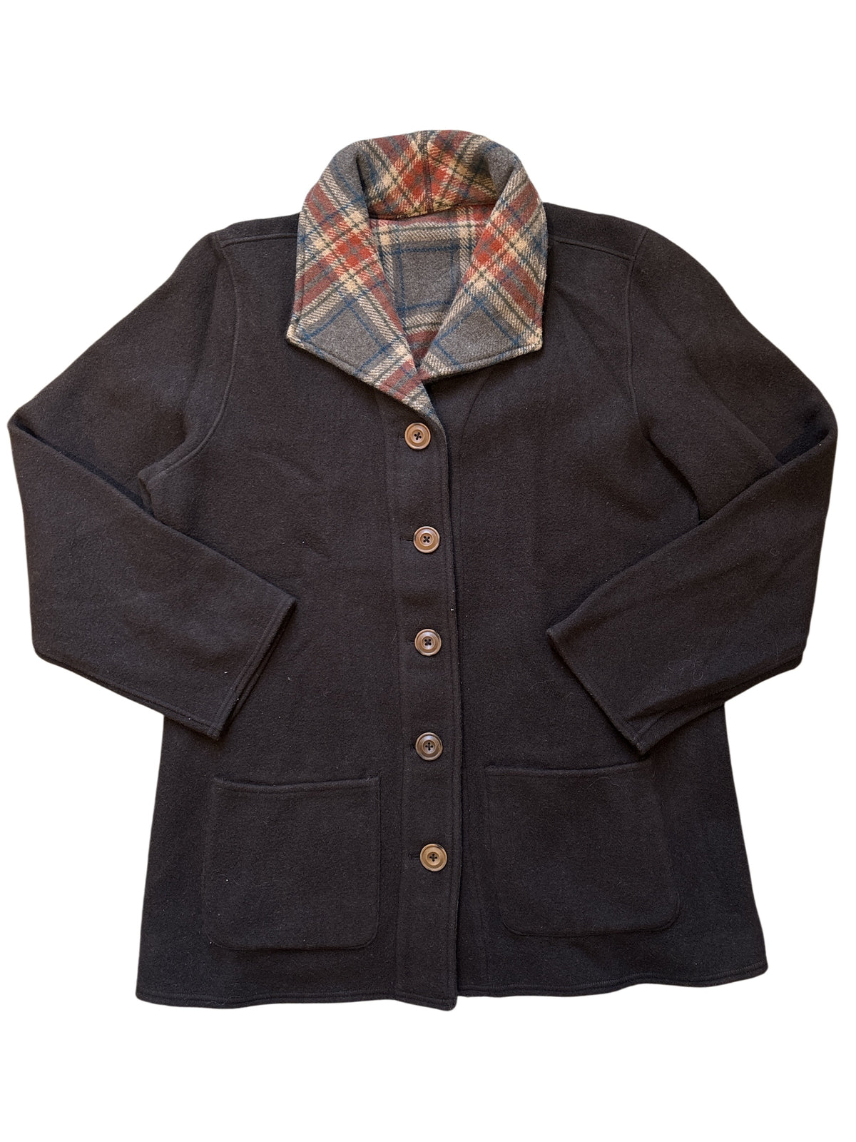 brown red navy reversible plaid/plain peacoat