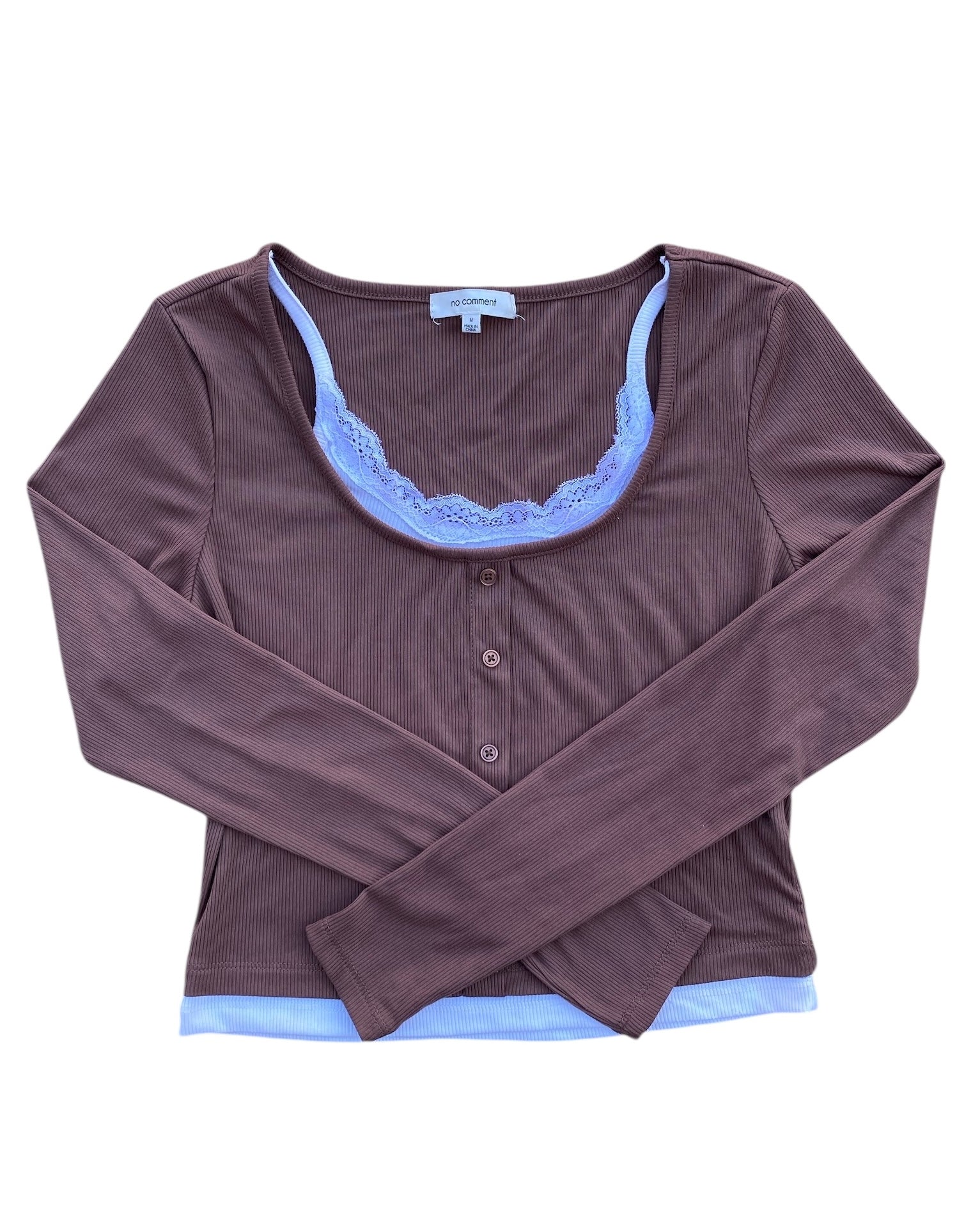 brown no comment lace ribbed ls top, m