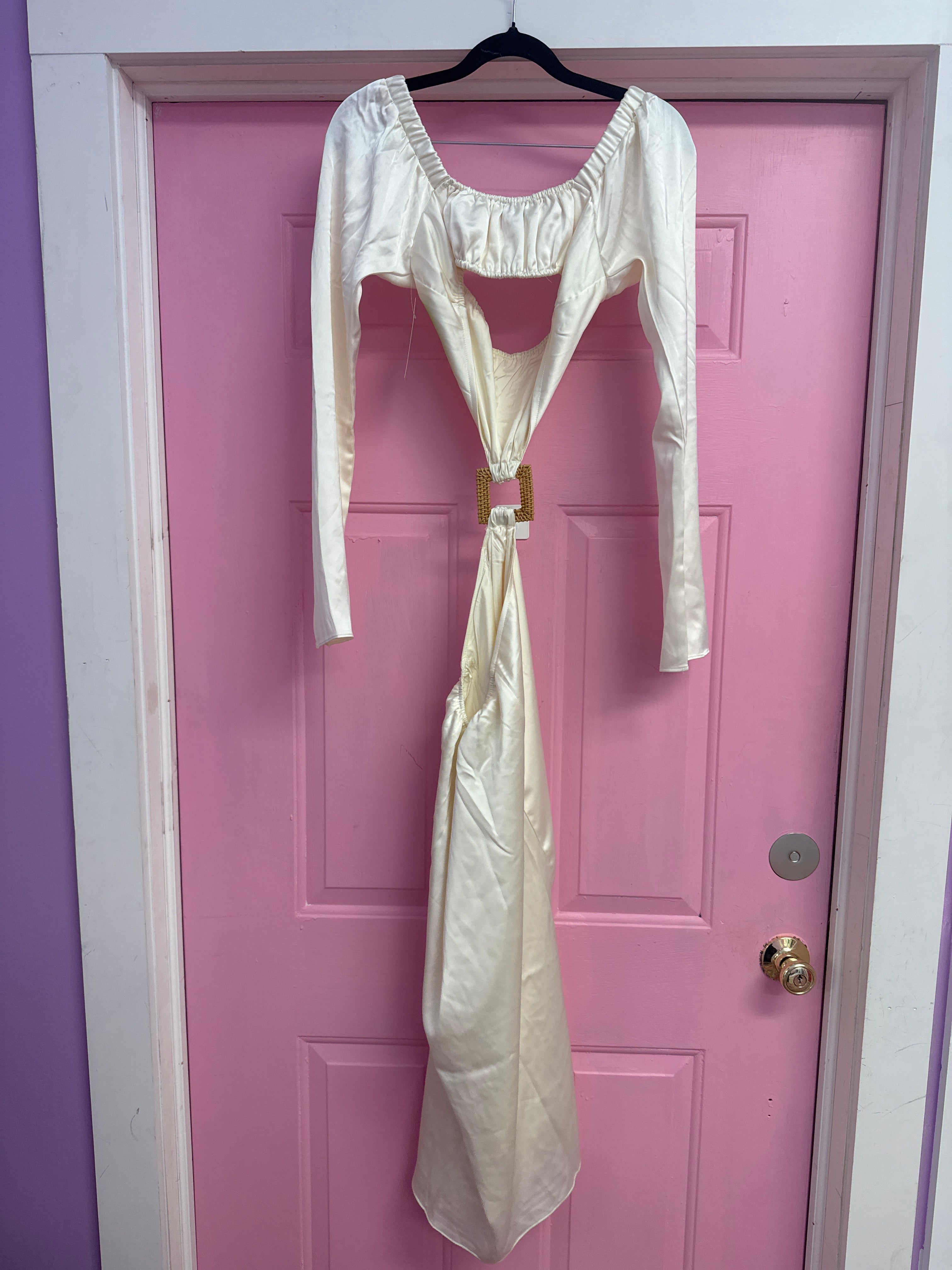 cream weworewhat satin ls cut out long dress, s
