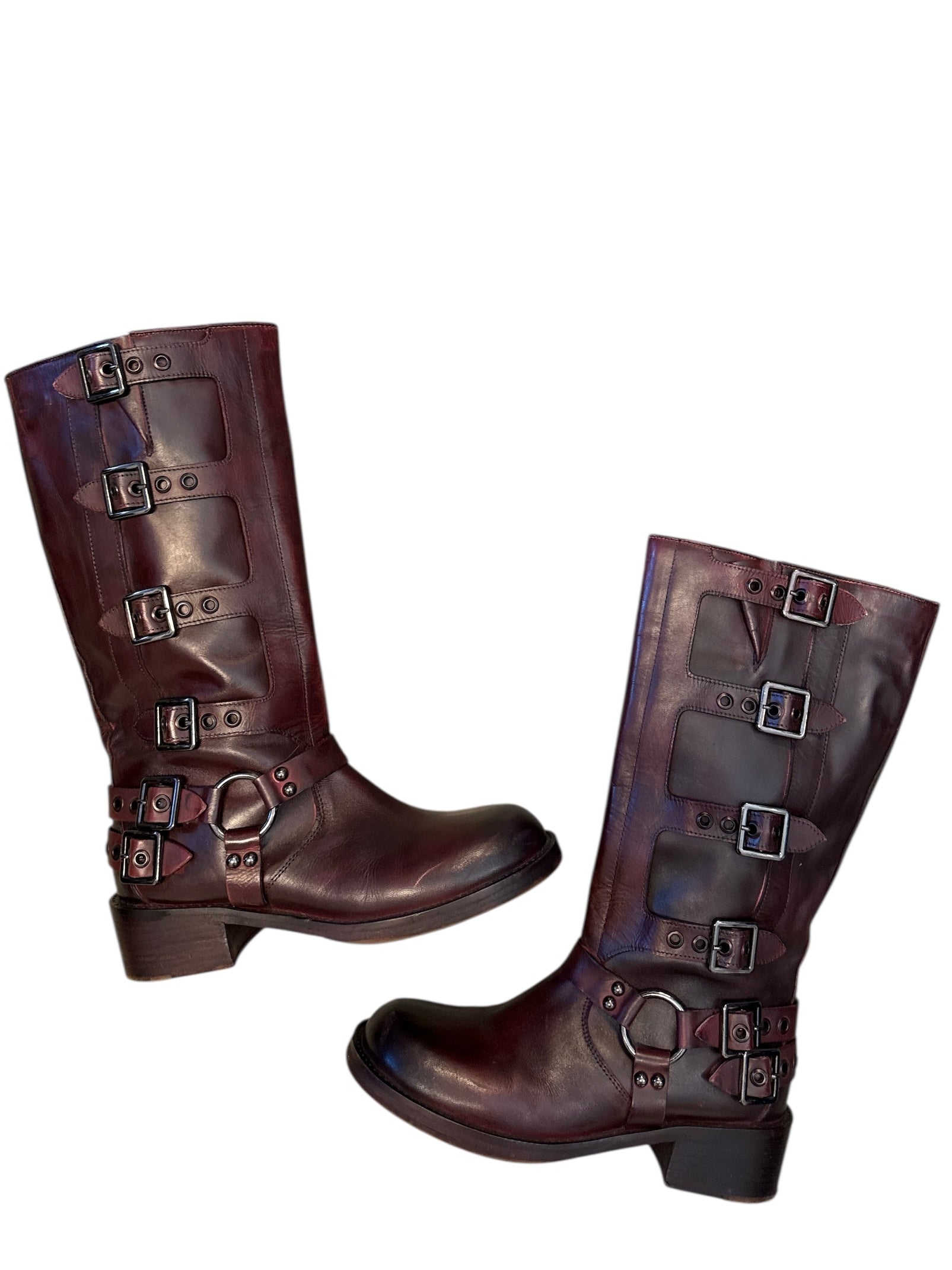 red vintage foundry co buckle boots, 7.5
