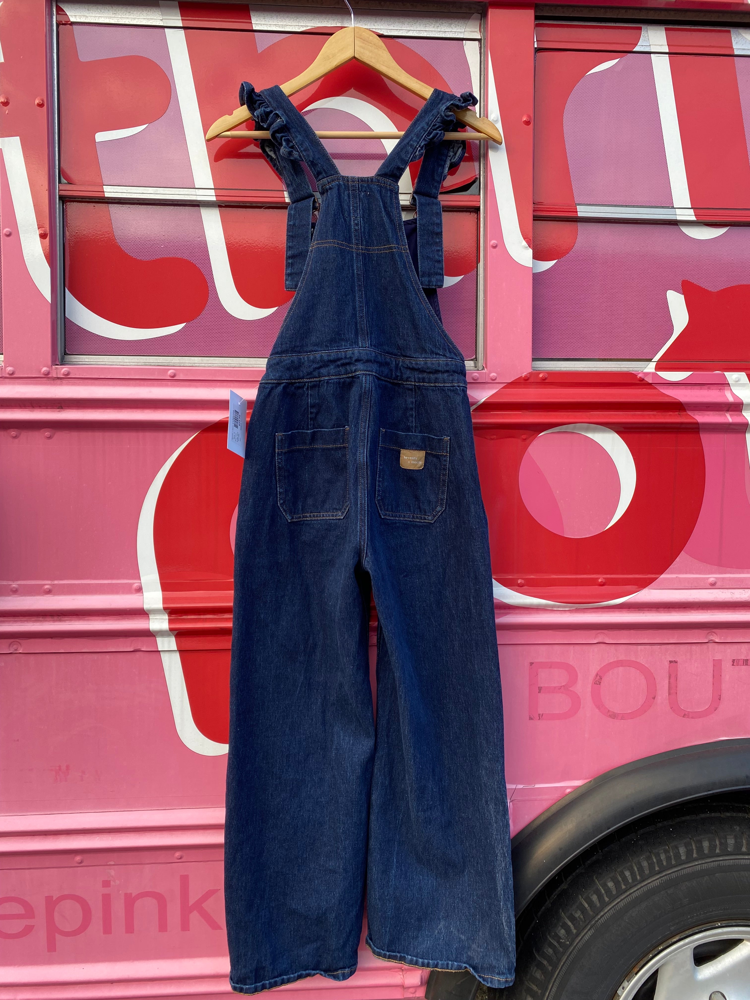 Dark wash Seventy + mochi Ruffle tank overalls, 2