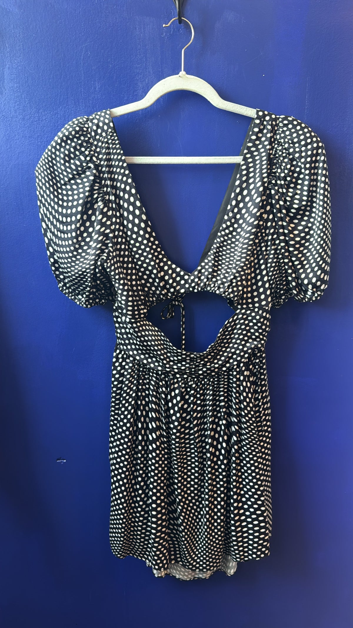 black white for love & lemons polka dot cutout mini dress, xl