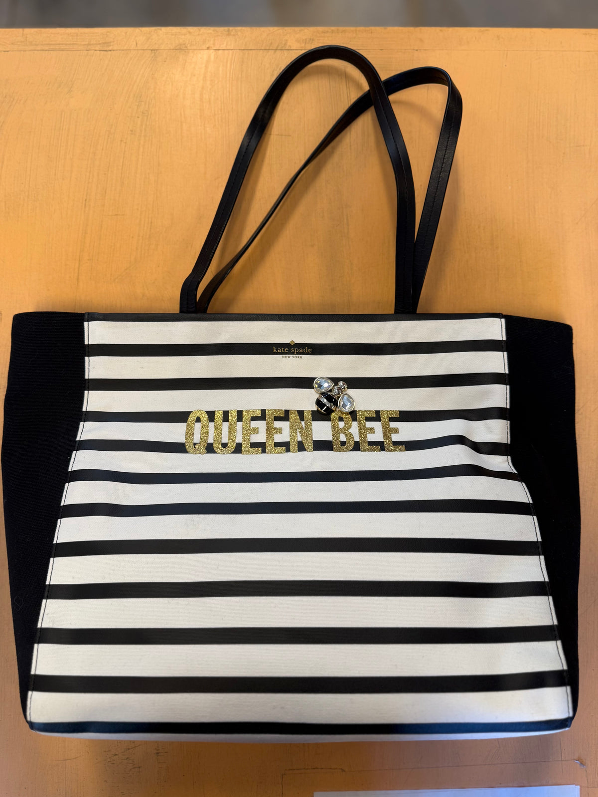 black white kate spade striped queen bee tote purse