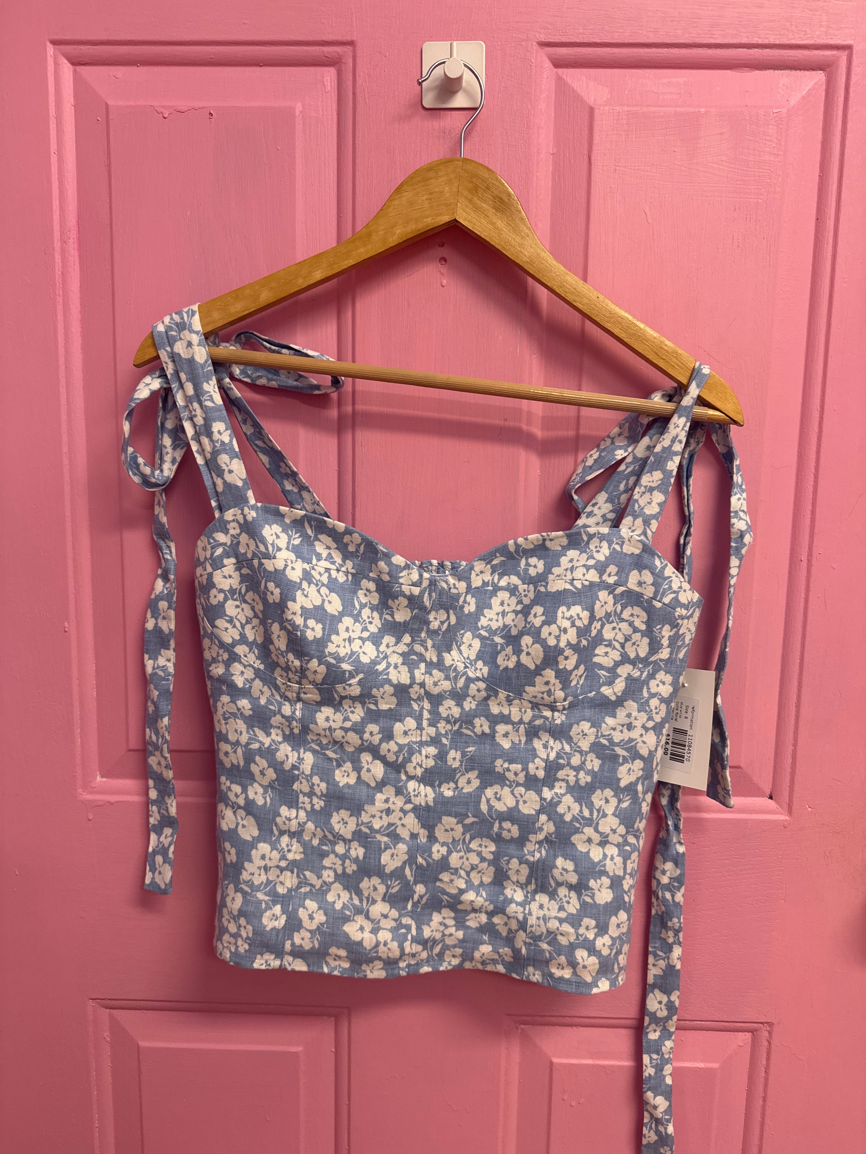 blue white reformation cutie floral bustier tie top, 8