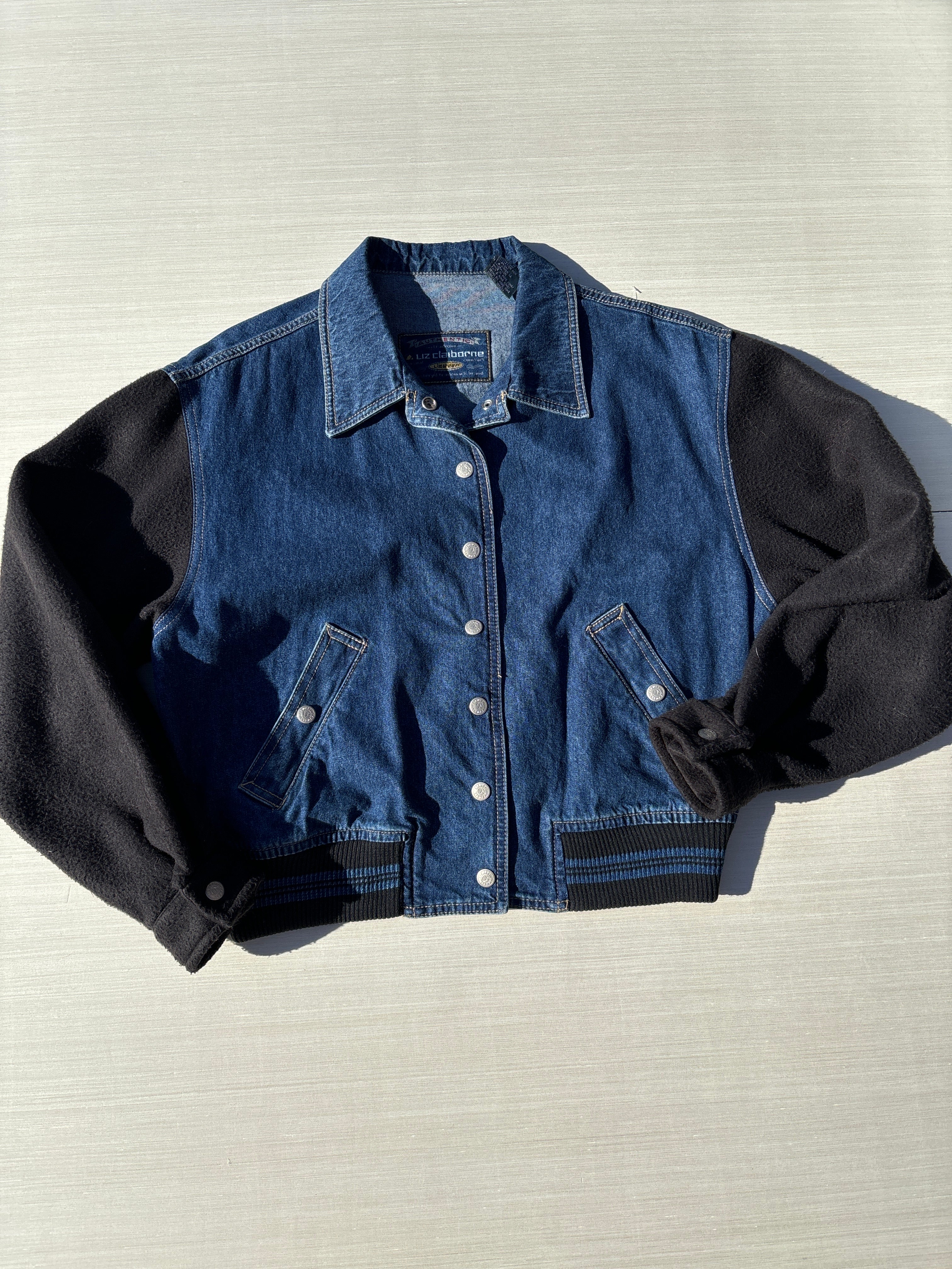 blue liz claiborne varsity denim jacket fleece sleeves, m