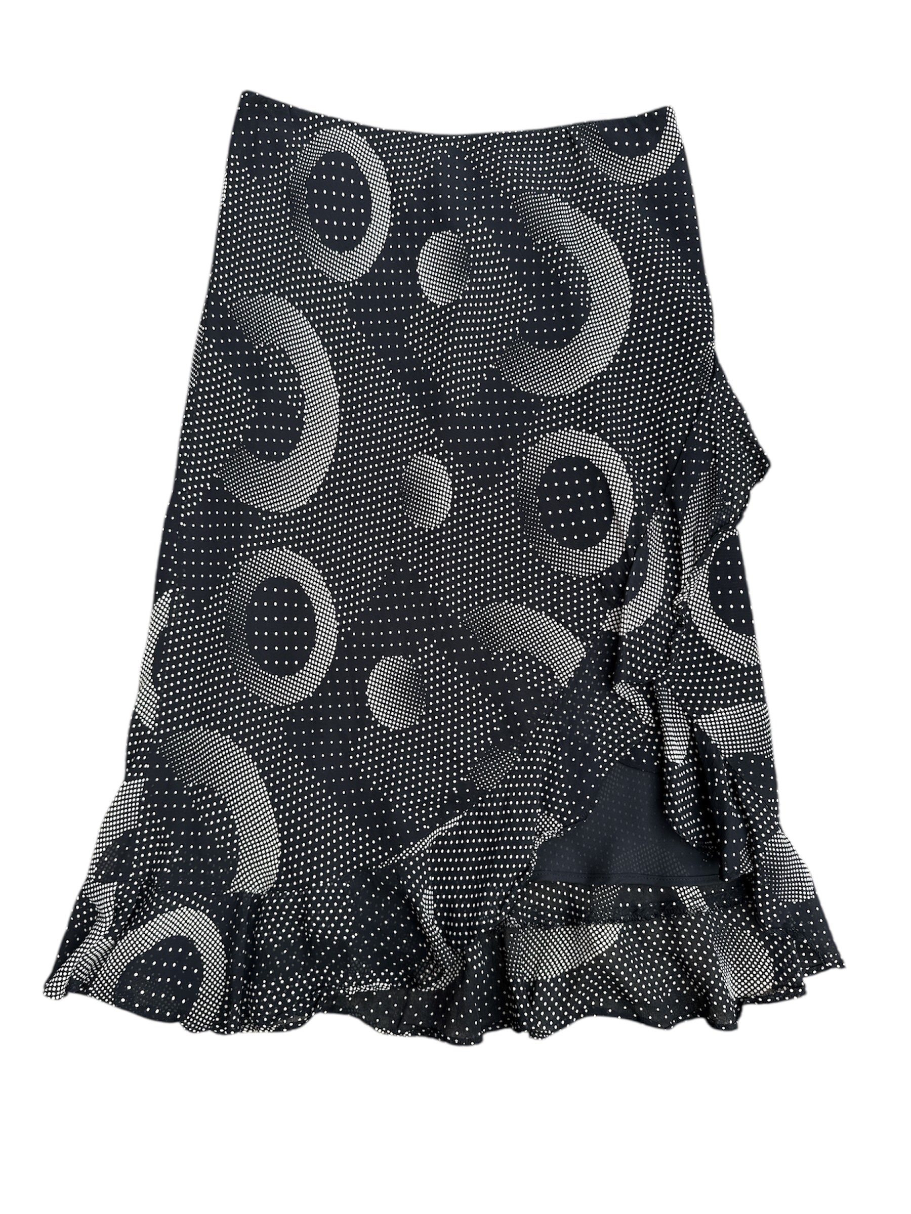 black white ceduxion circle & polka dot ruffle midi skirt, L