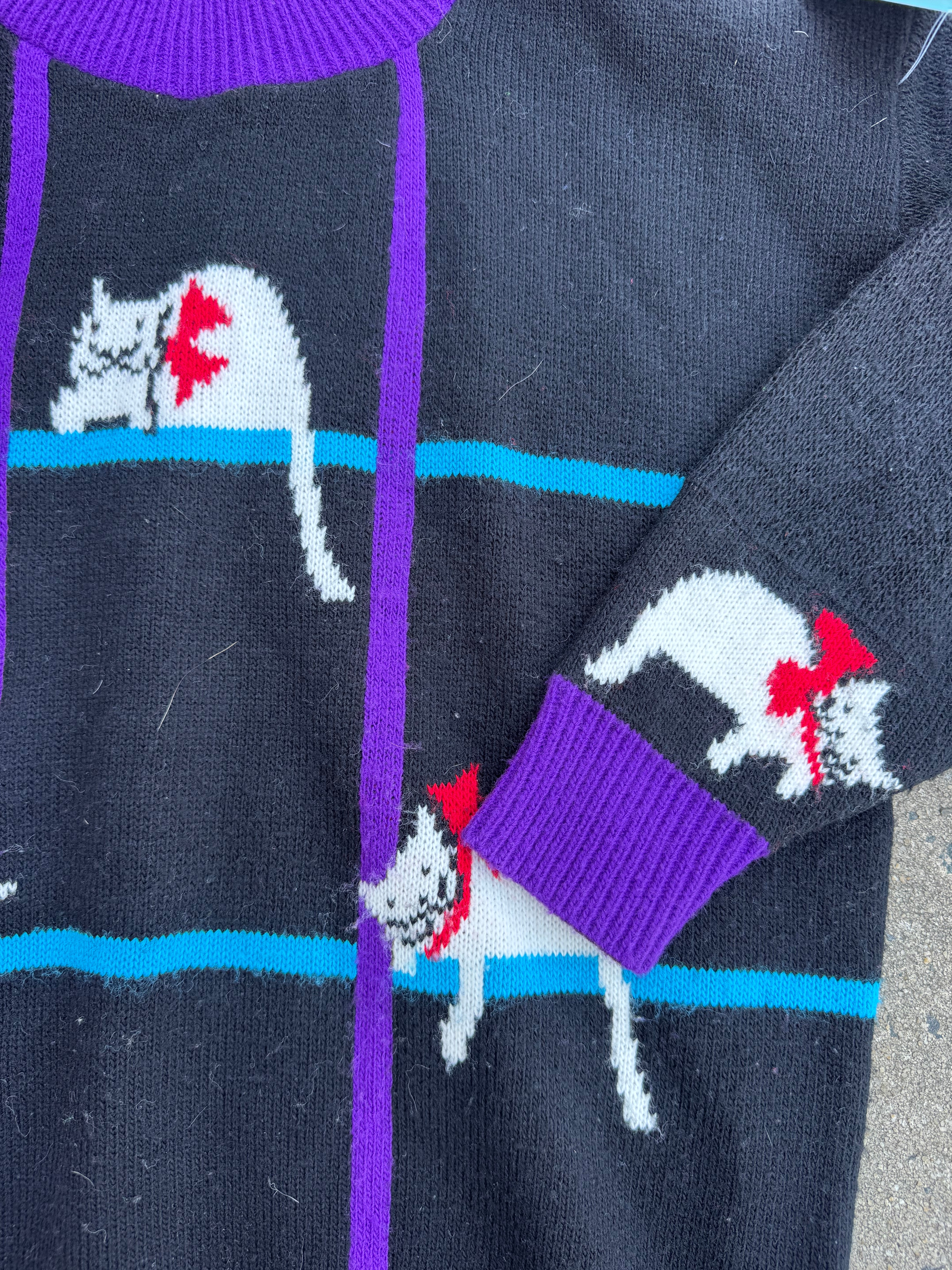 black purple spunky kitty cat sweater, m