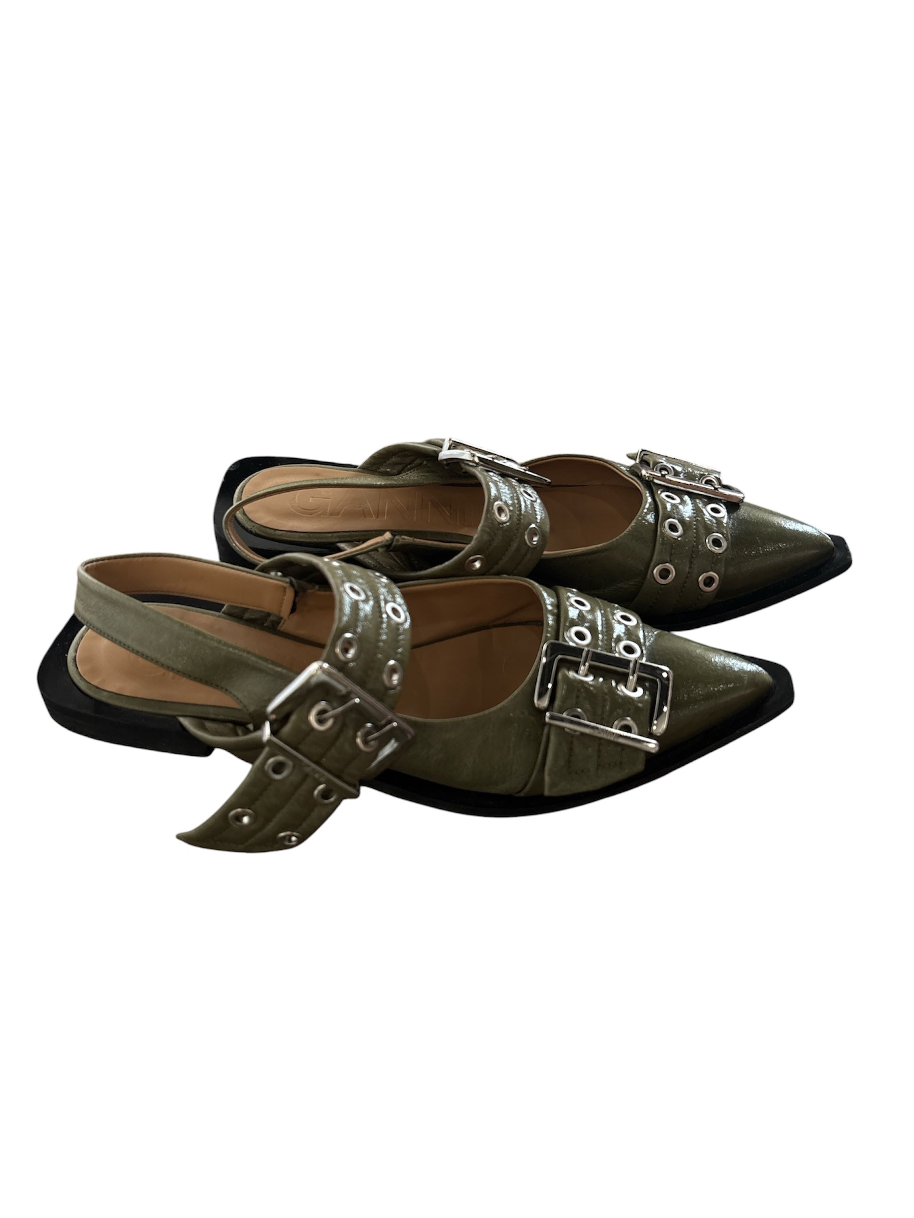 Black green Ganni Buckle pointed flats, 42