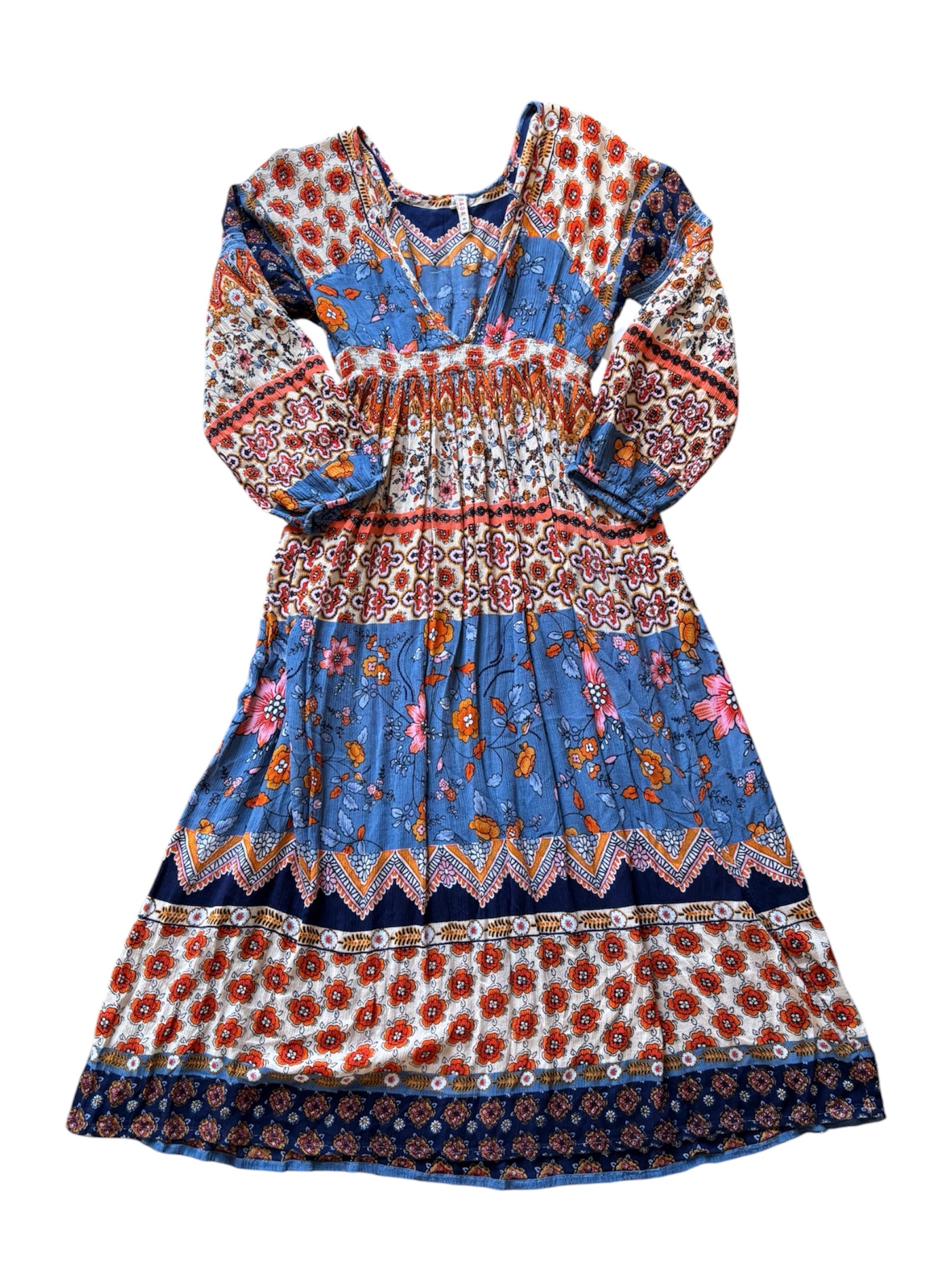 blue orange raga floral ls maxi, m