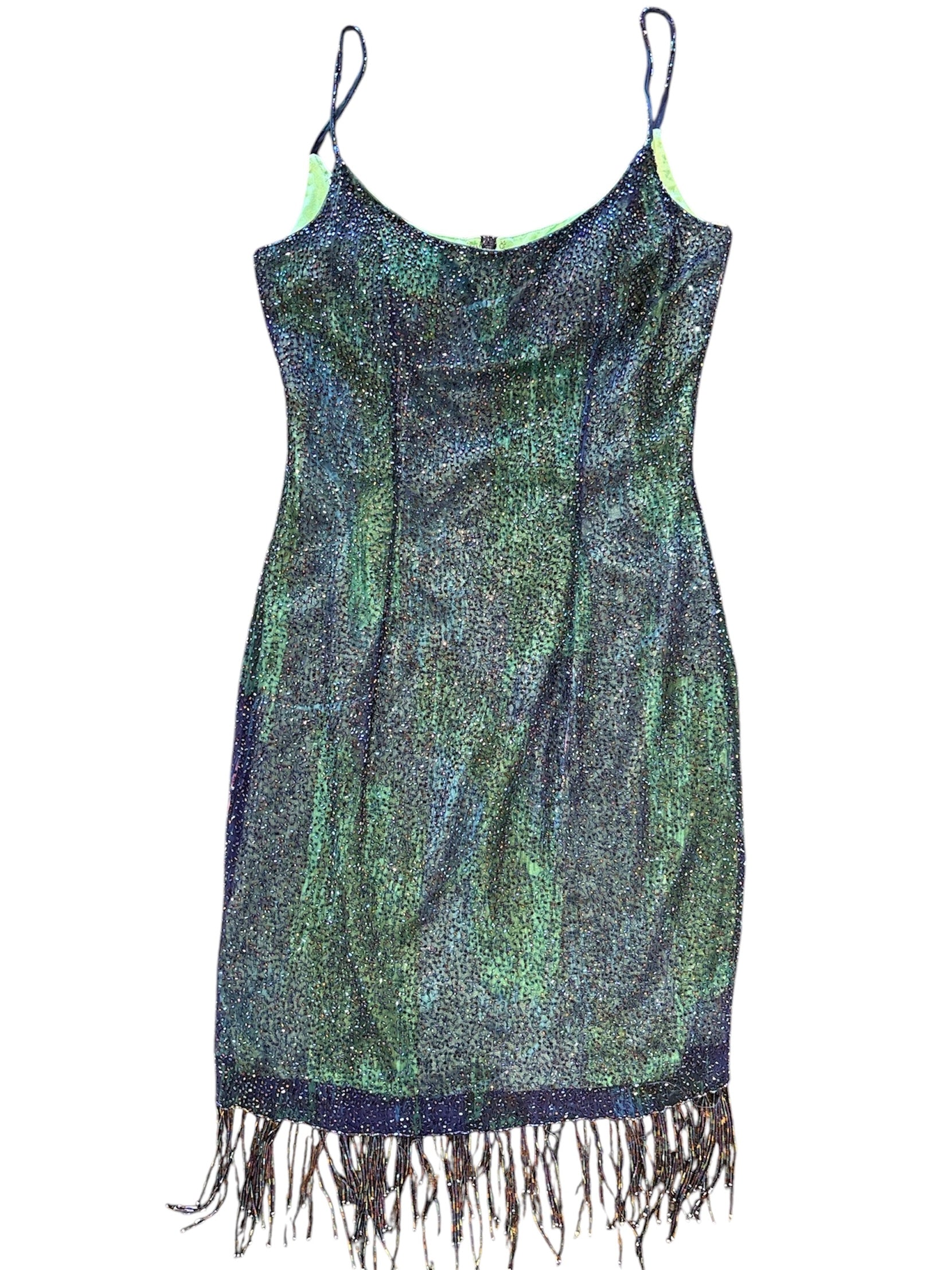 blue green cassandra stone beaded fringe cami mini dress, 2