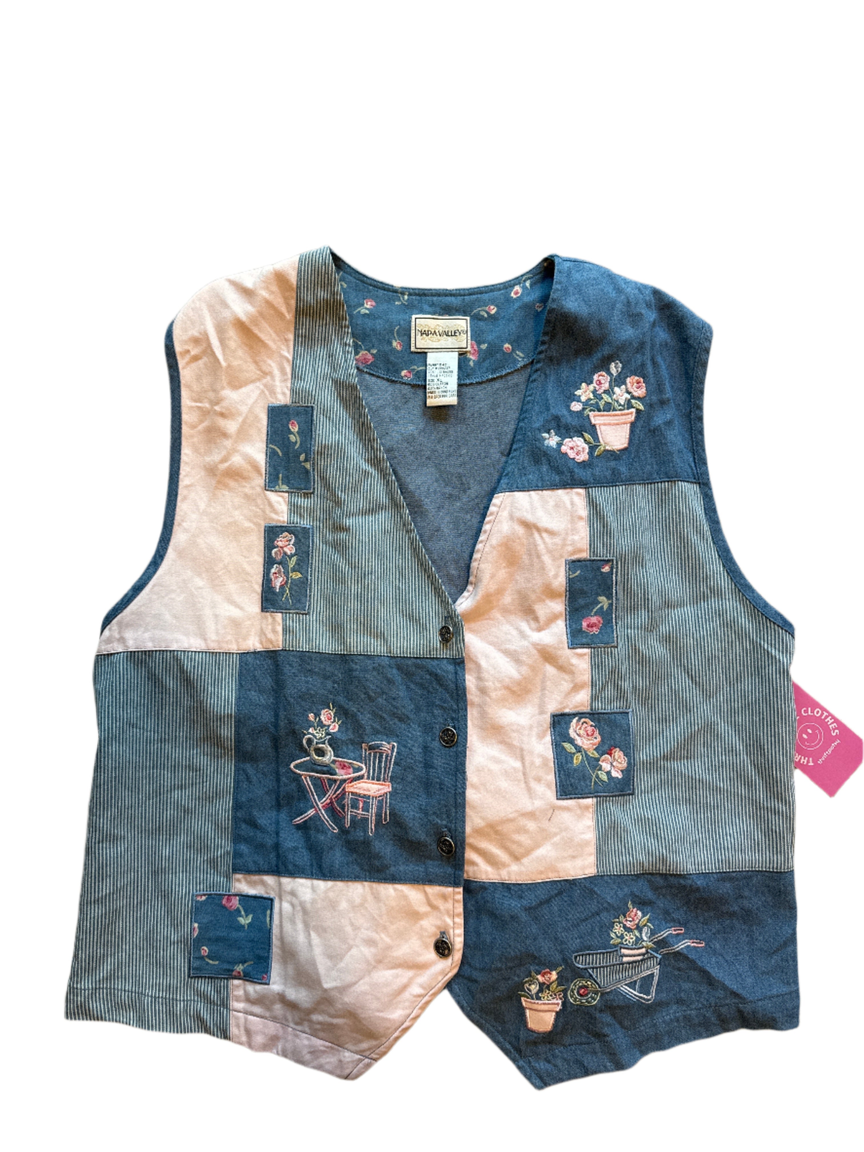 blue pink napa valley cutie vtg denim floral vest, L