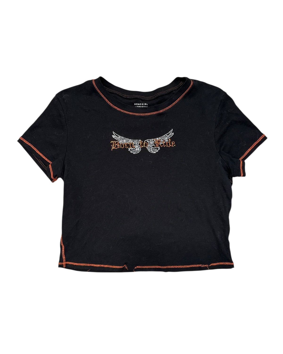 black orange homegirl society bedazzled baby tee, L