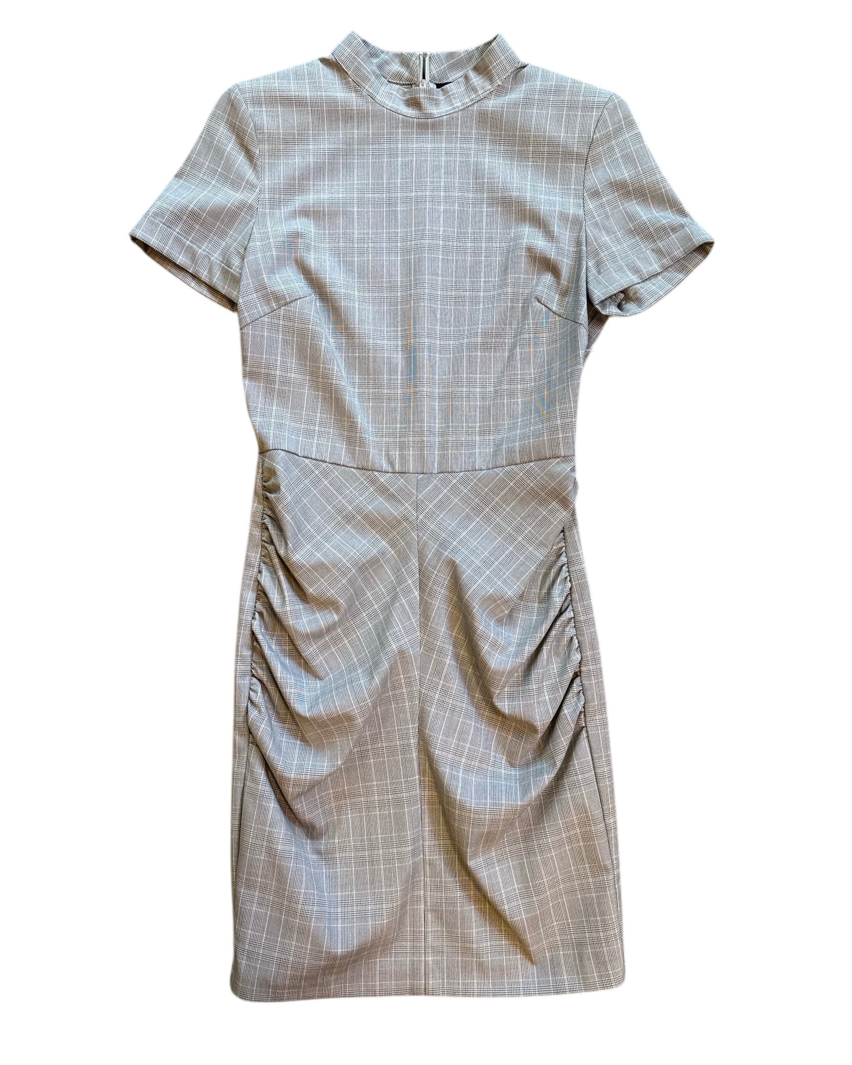 gray zara plaid scrunch ss dress, s