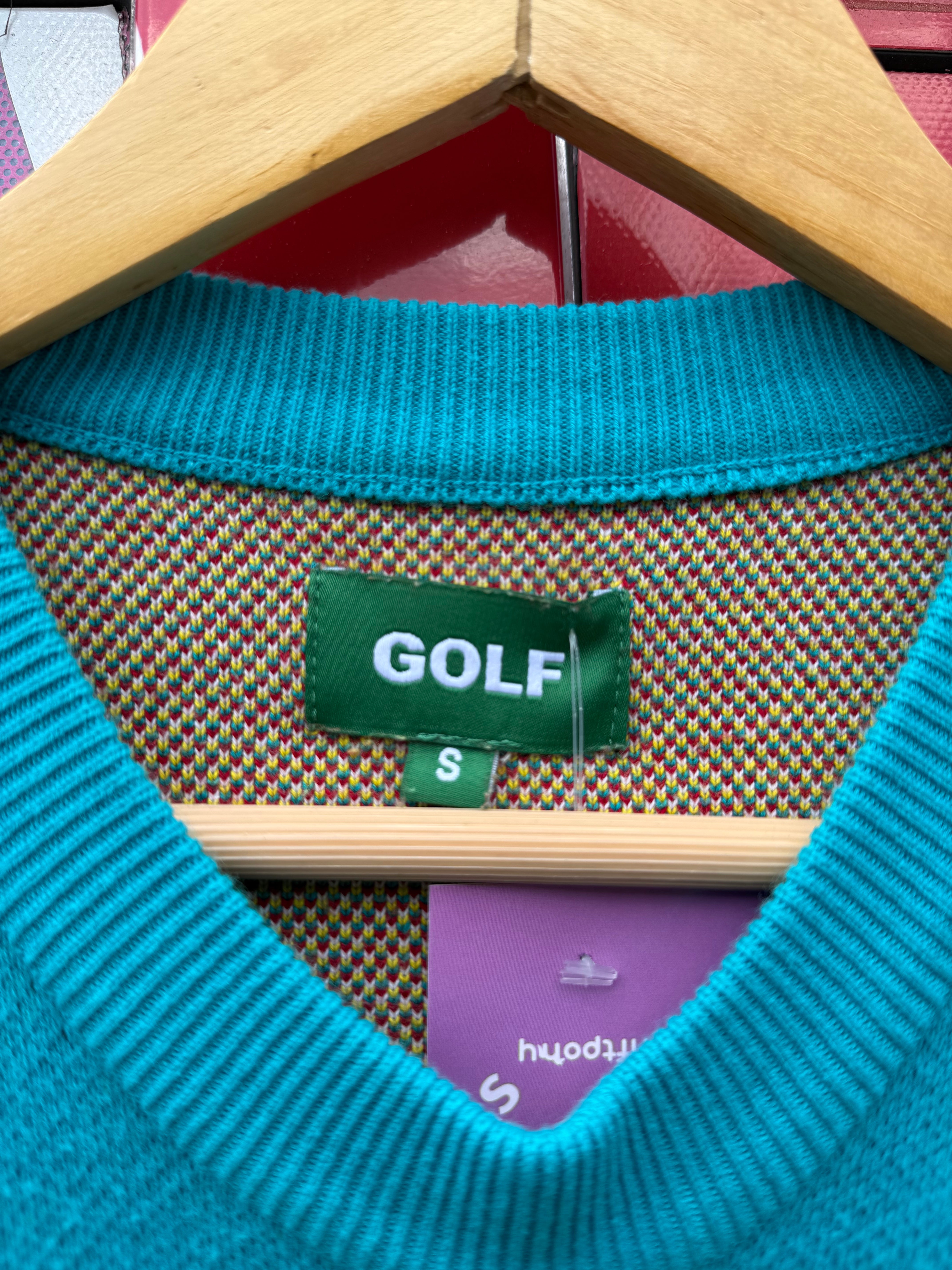teal yellow red golf branded sweater, s