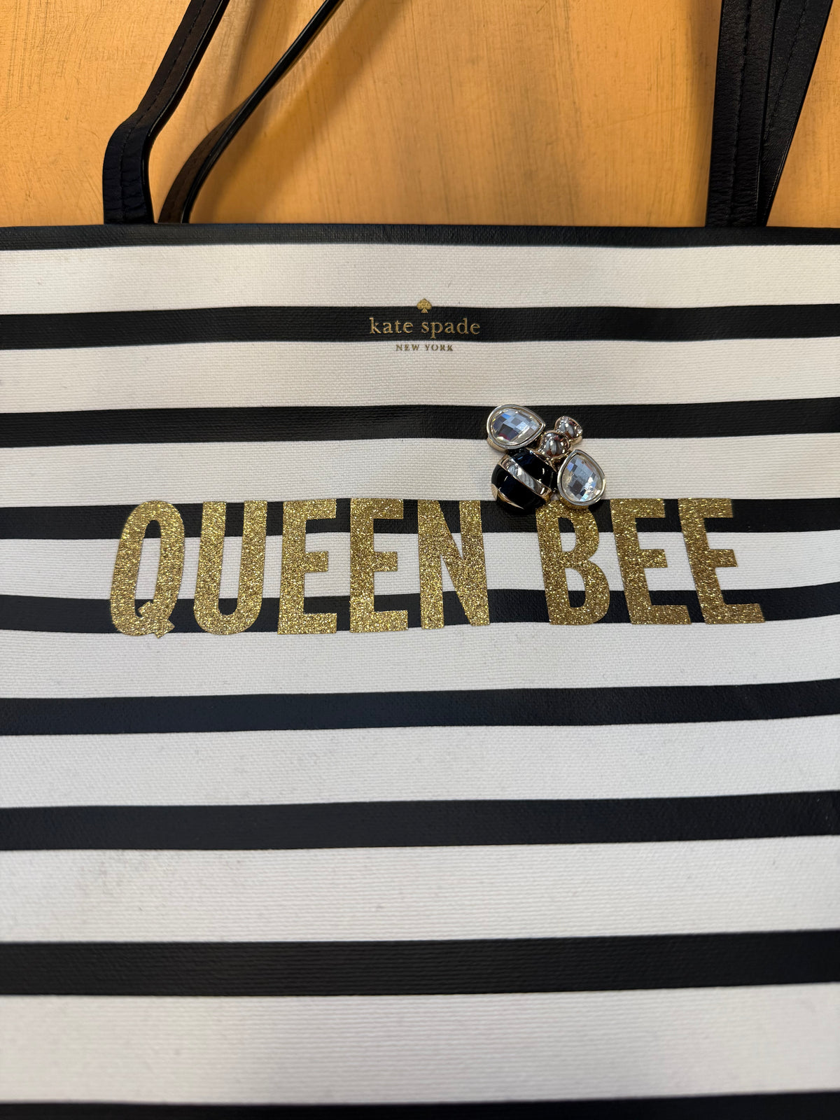 black white kate spade striped queen bee tote purse