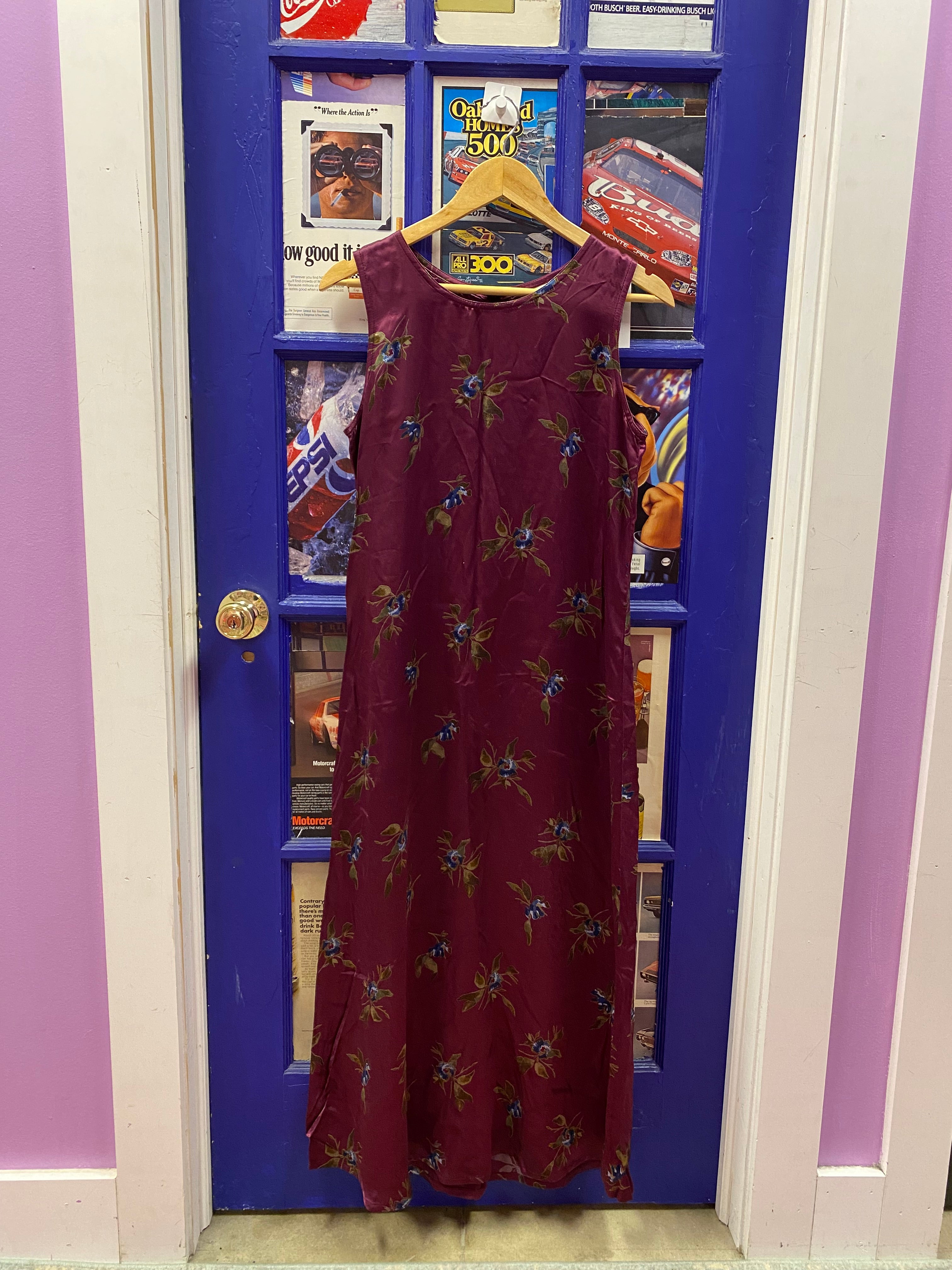 purple gap floral silky midi dress, m