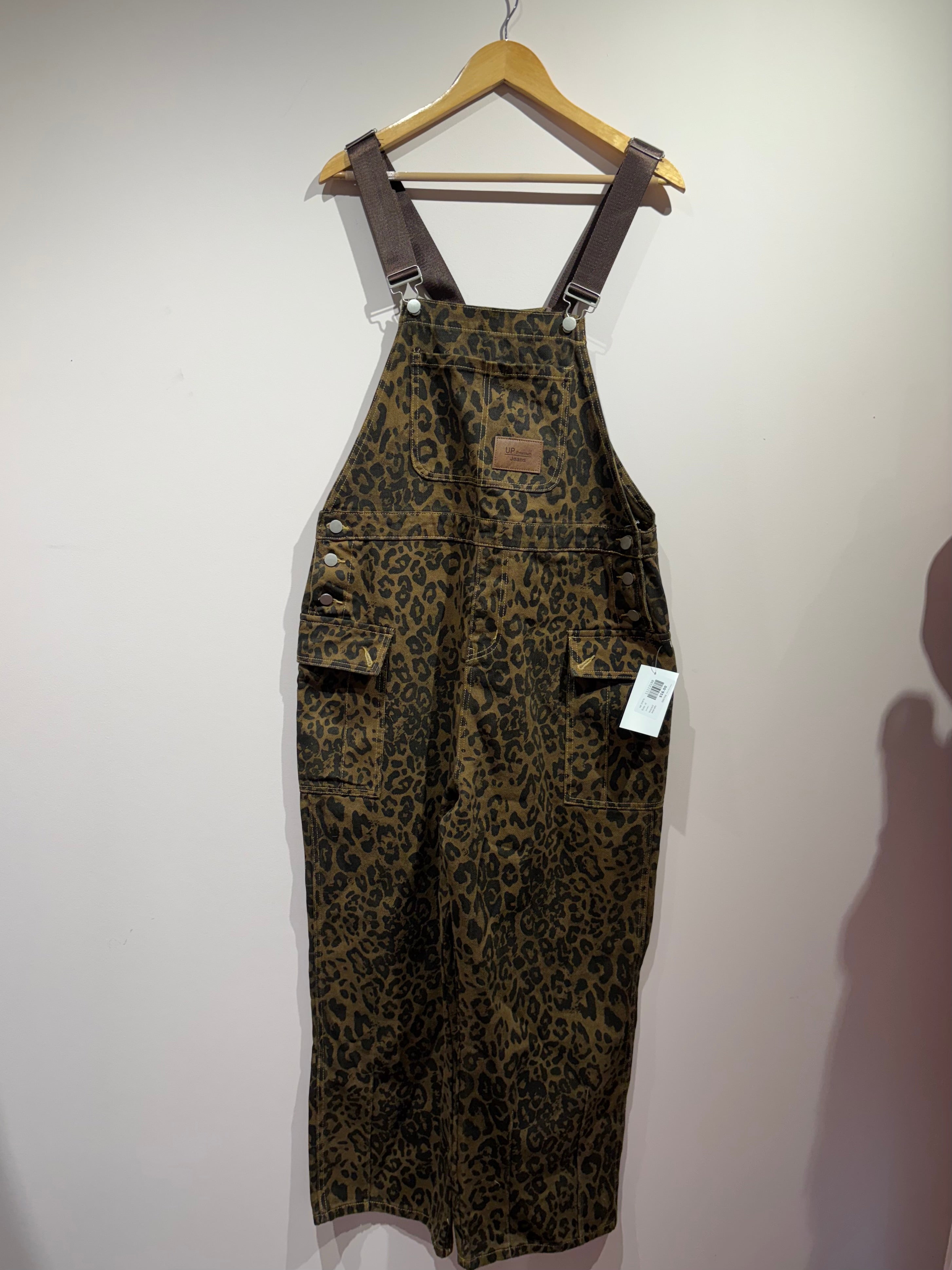 brown up jeans leopard overalls, xl