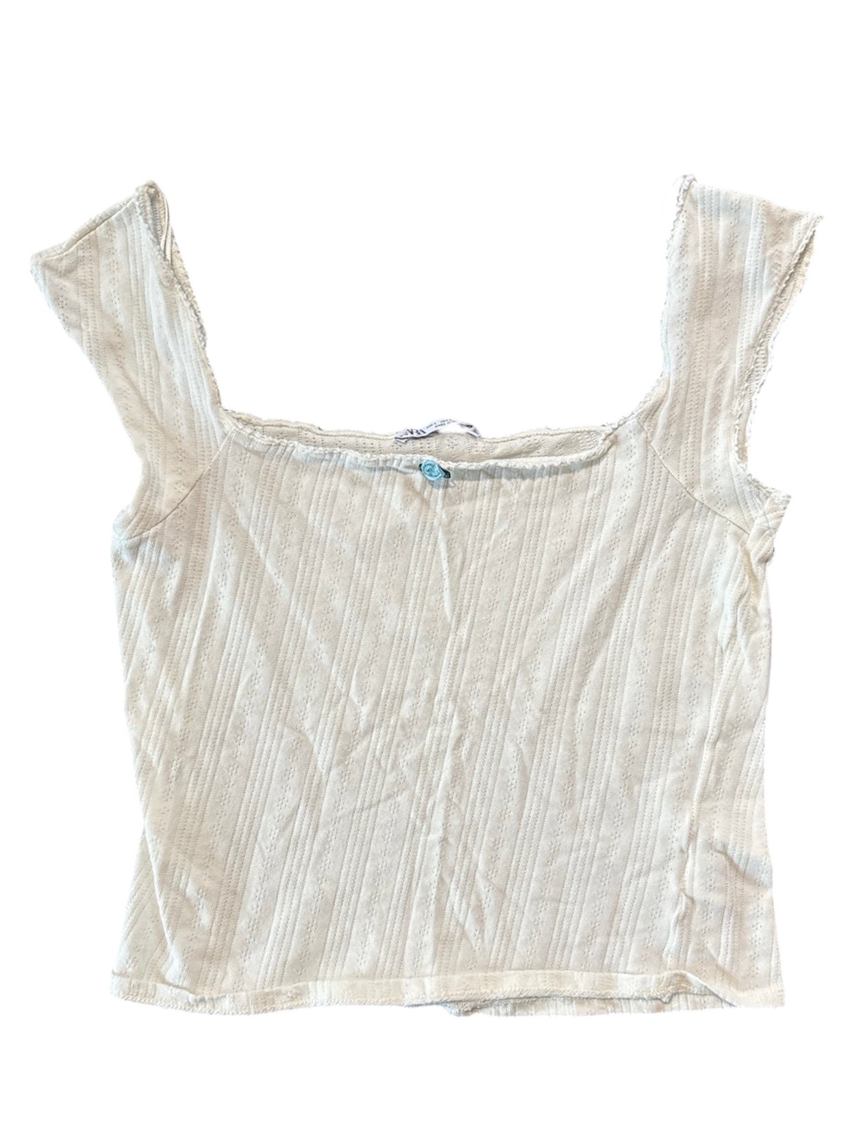 white zara cutie top w mini blue rosette, L
