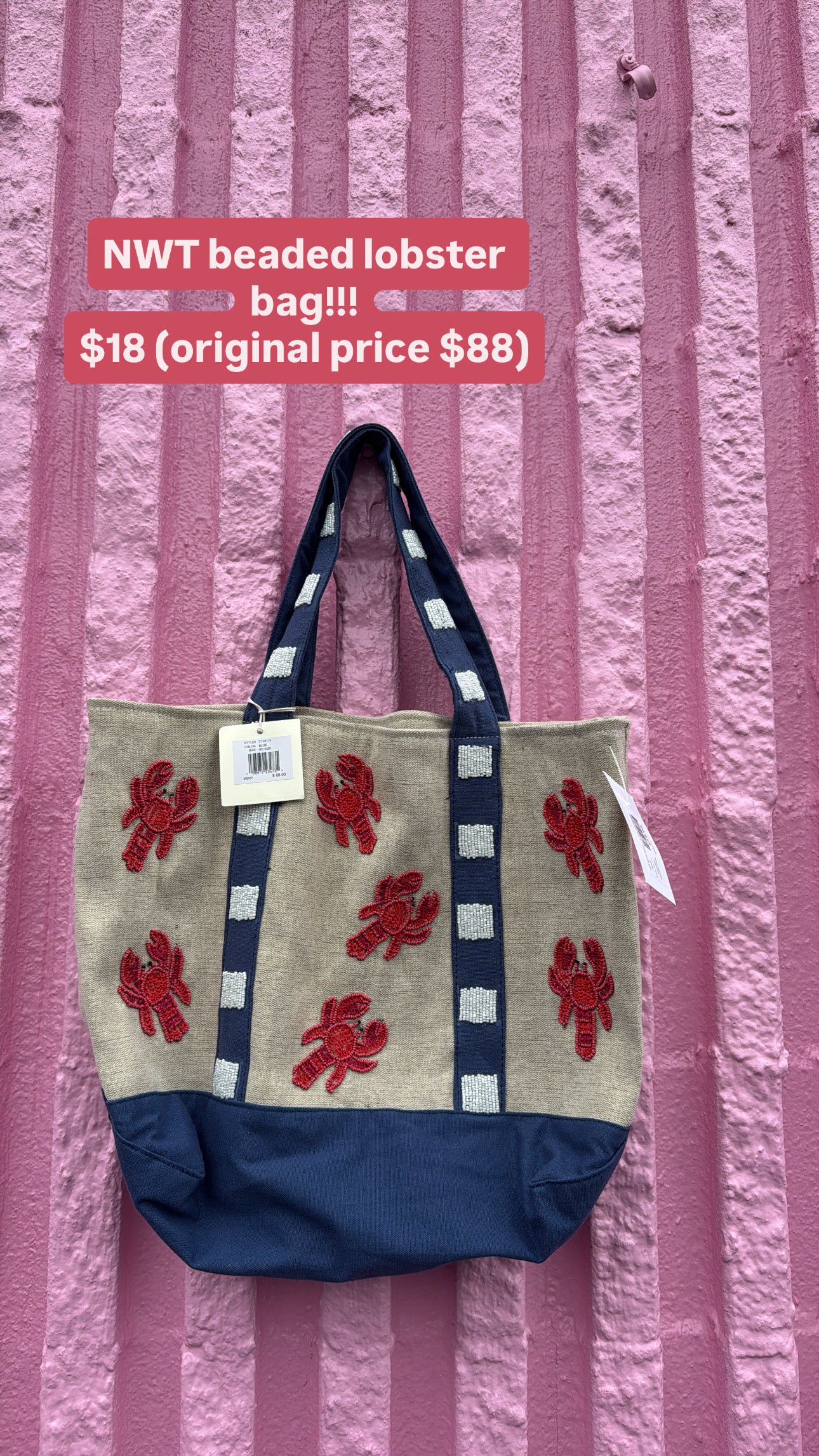 beige blue red sol and mer beaded lobster tote