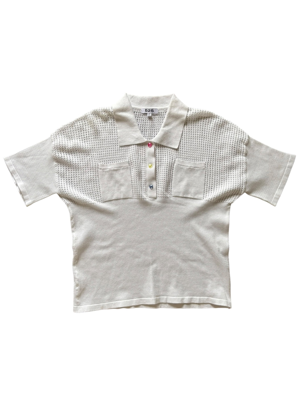 white 525 knit collared ss w buttons, m