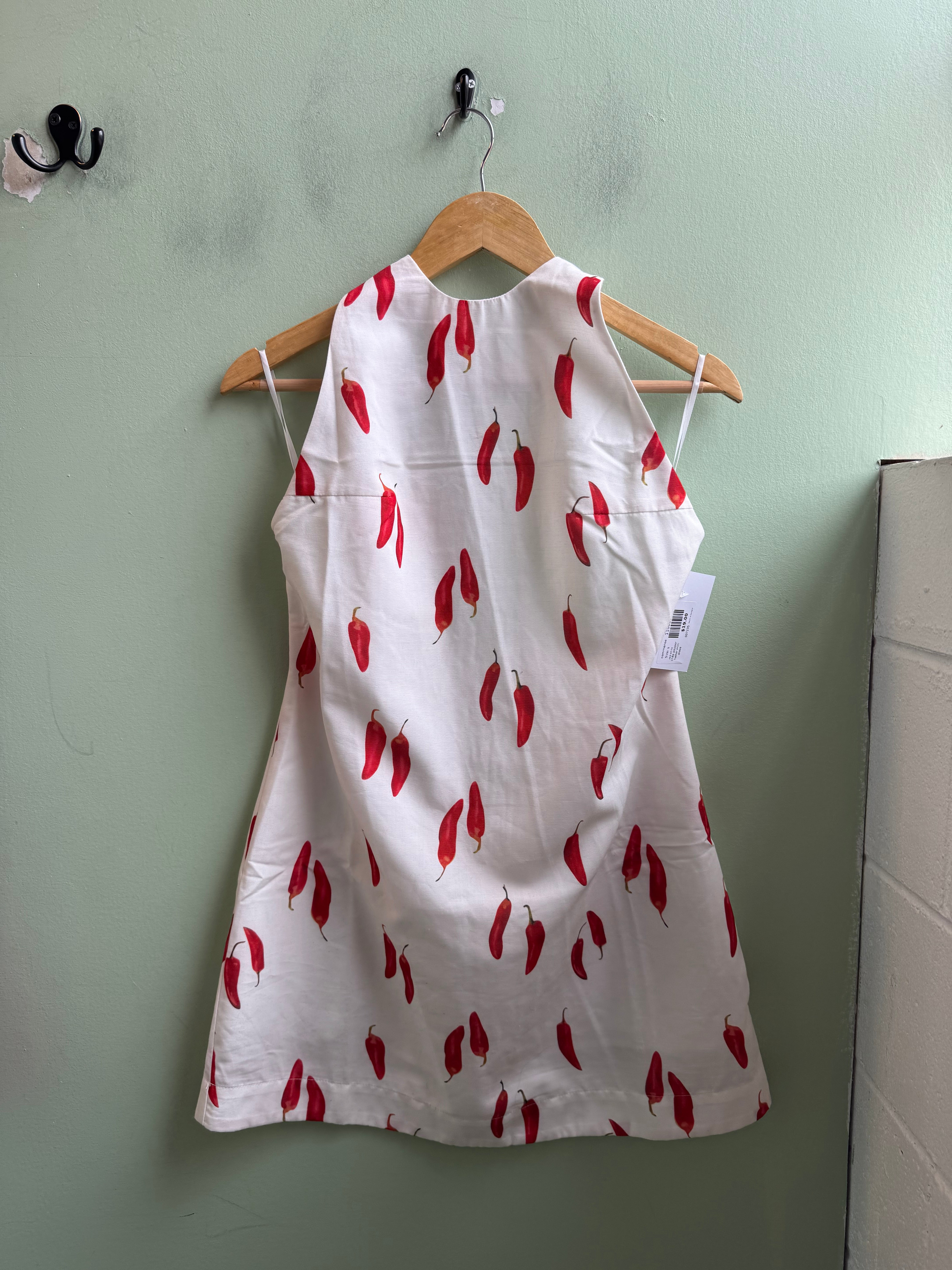 red white commense chile pepper halter mini dress, s