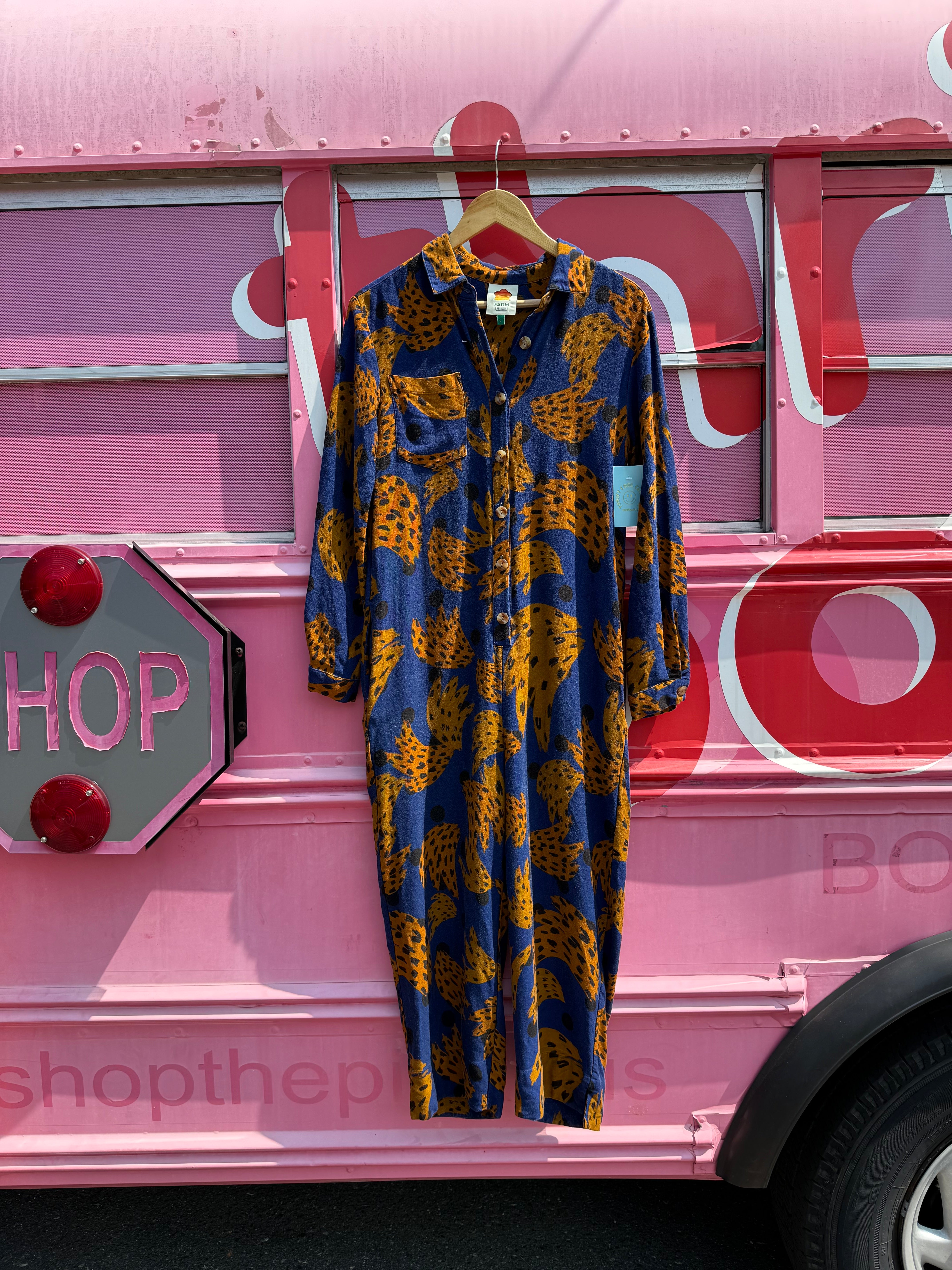 blue yellow farm rio abstract banana print ls jumpsuit, S