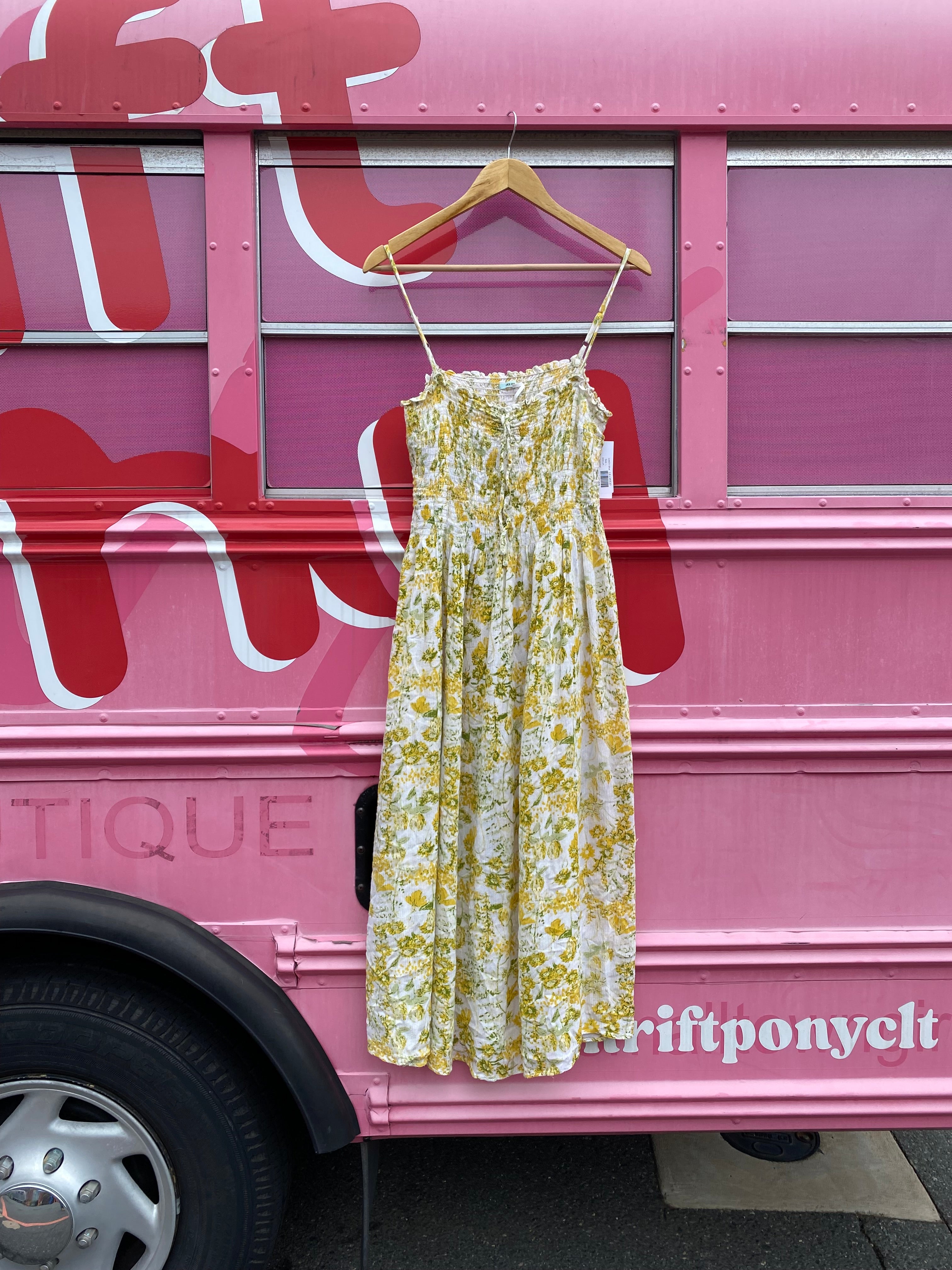 White yellow green kimChi blue Smocked floral dress, L