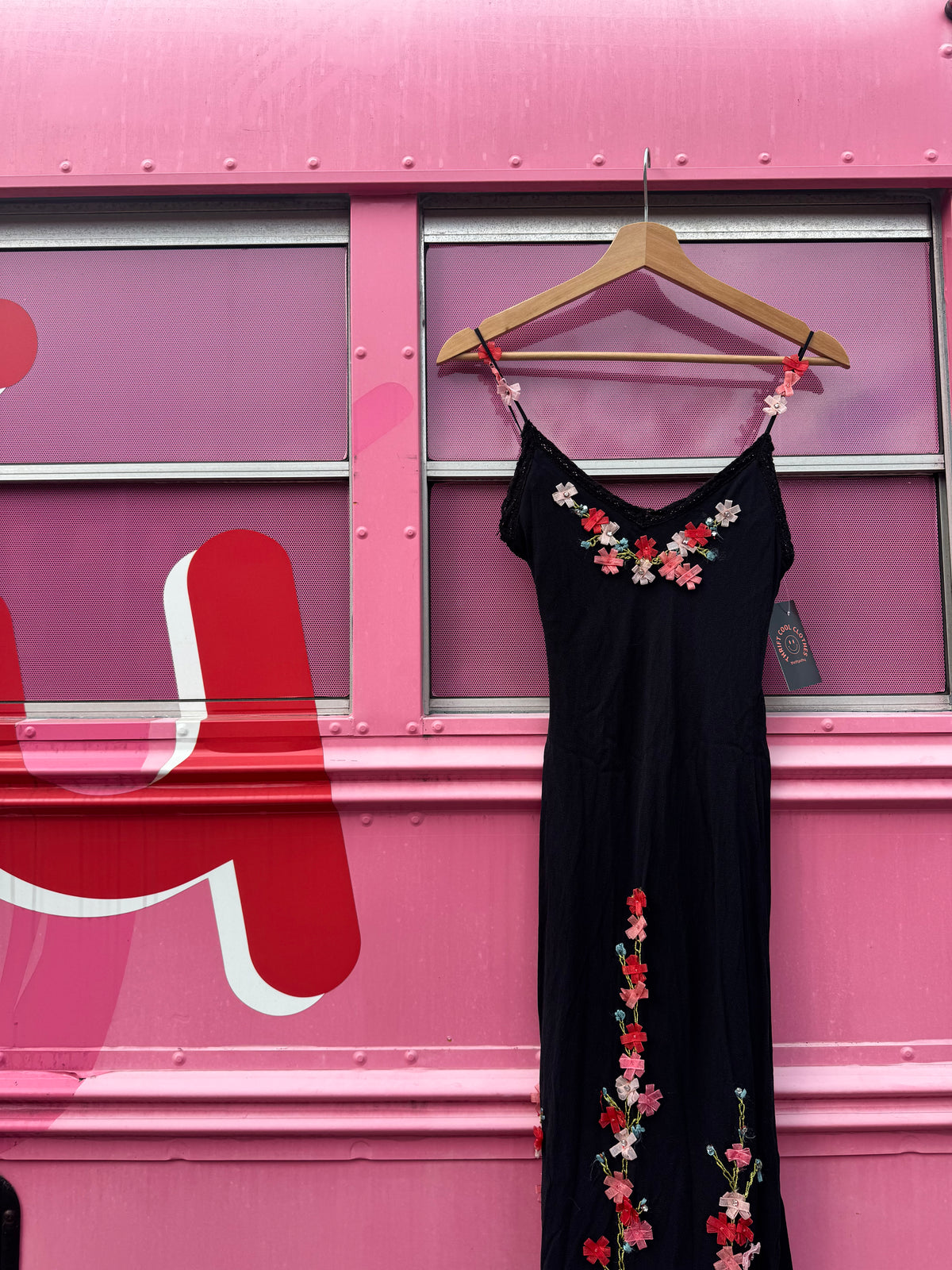 black pink Betsey johnson vtg floral ribbon tank dress, 4