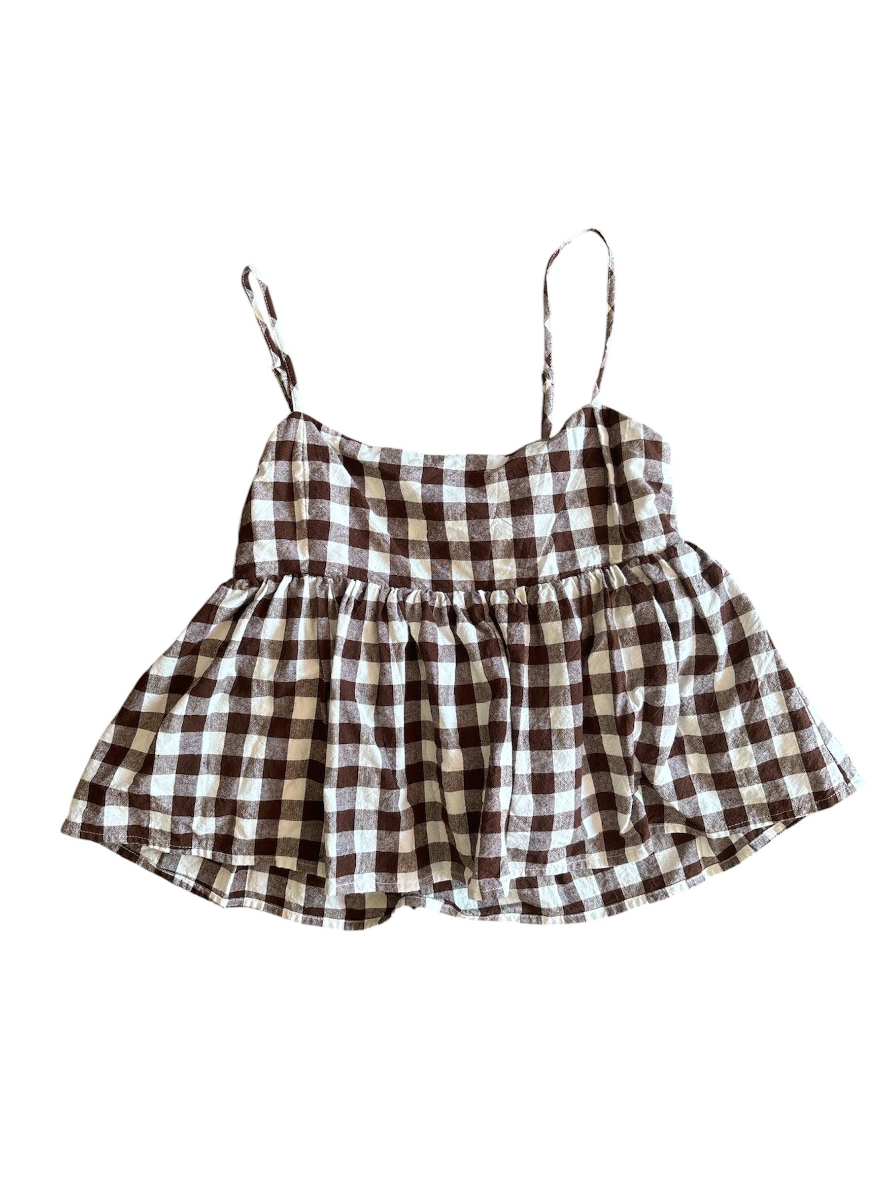 brown white vestique gingham babydoll top, s