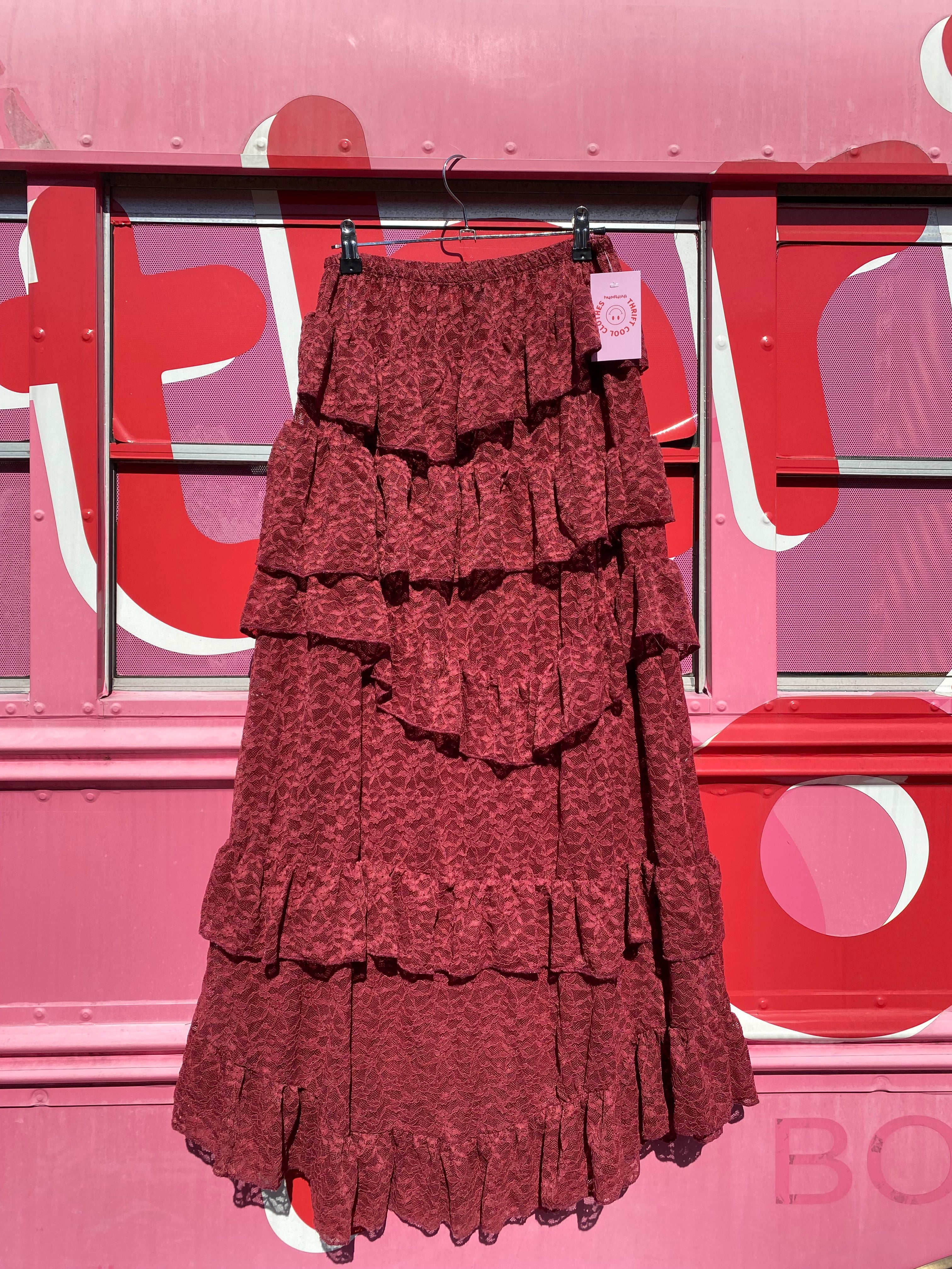 maroon prettylittlething lace tiered maxi skirt, 4