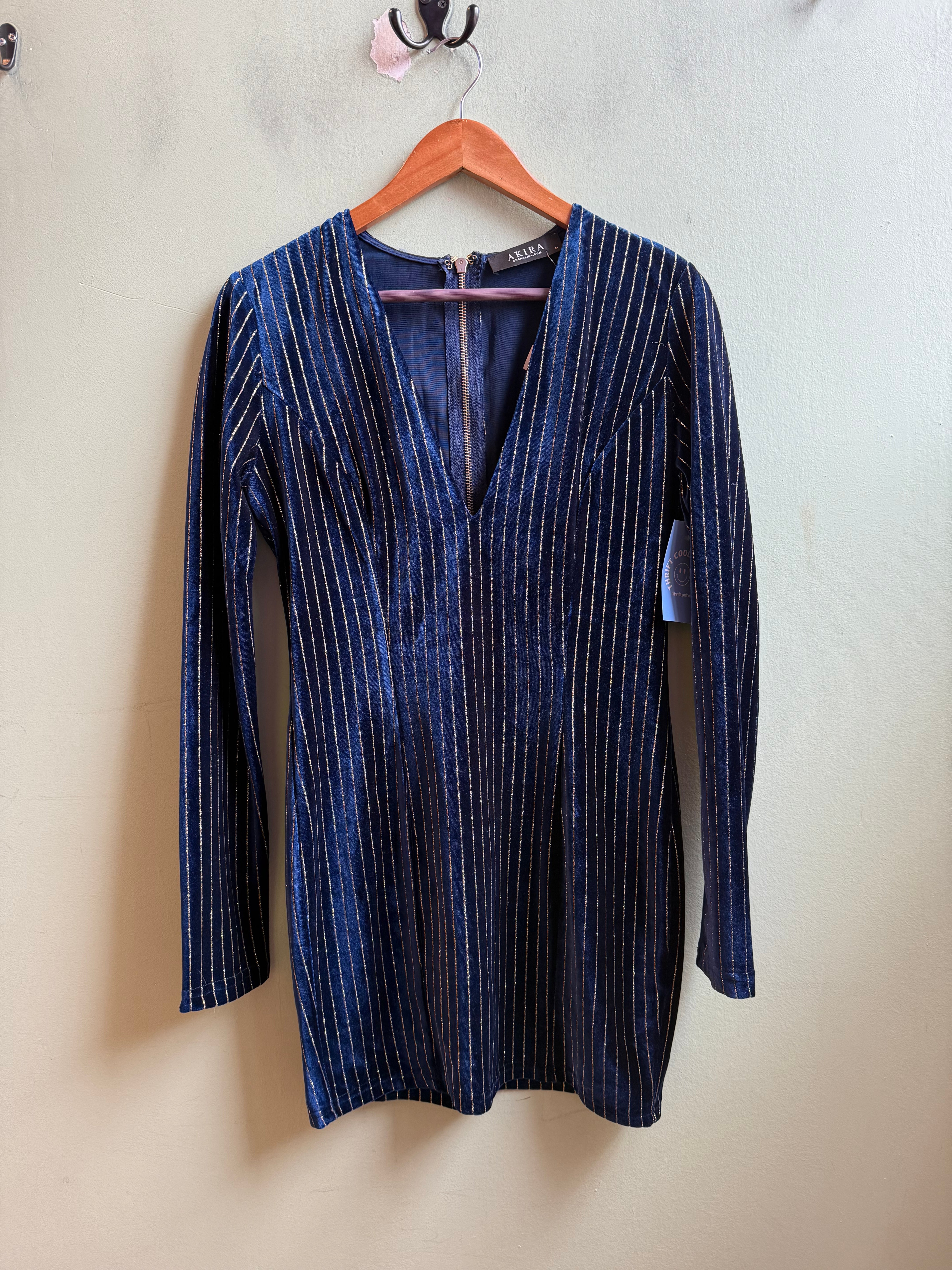 navy gold akira velour sparkle stripe v neck dress, m