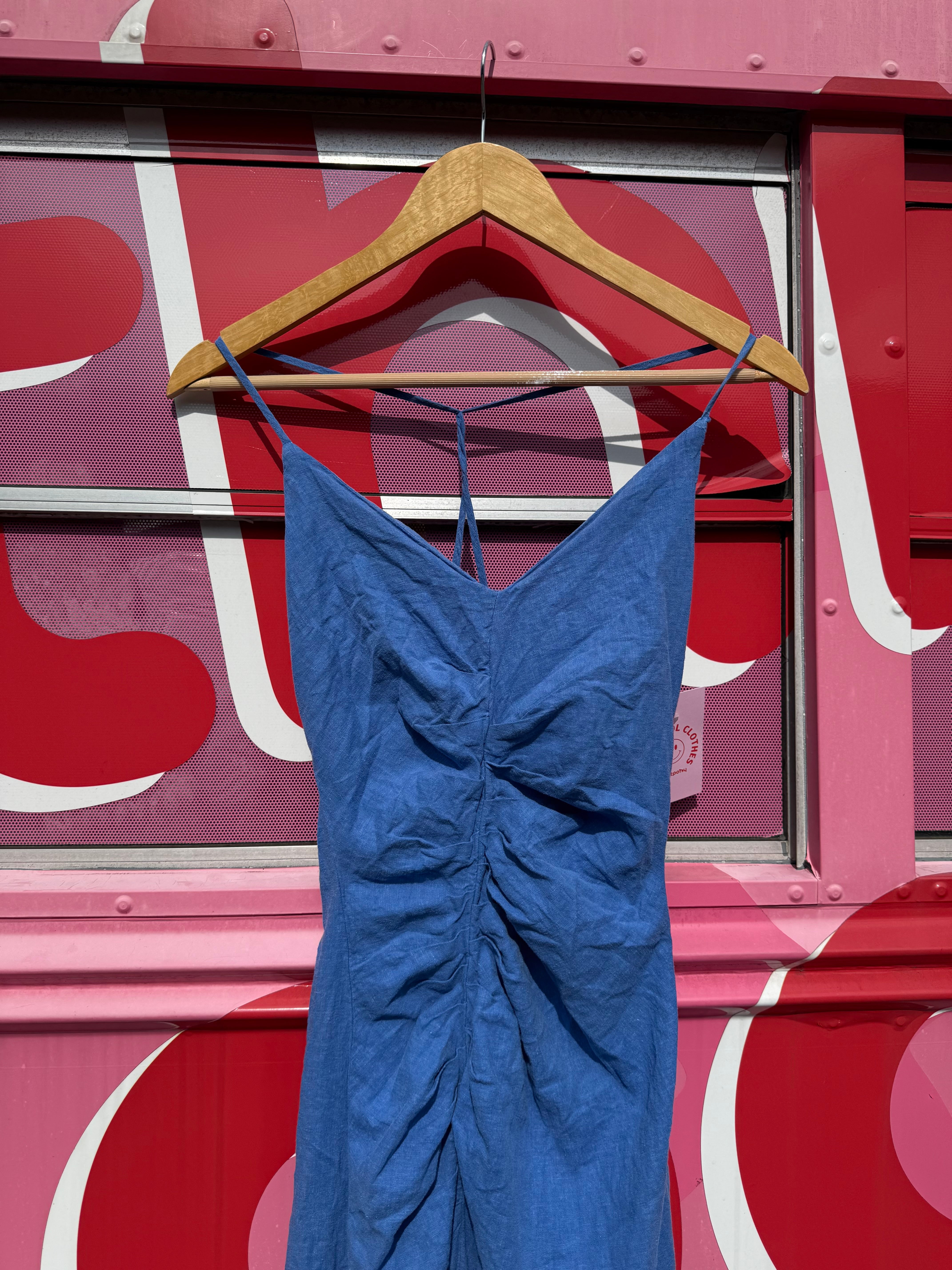 blue zara maxi v neck dress ruch w racer back, s