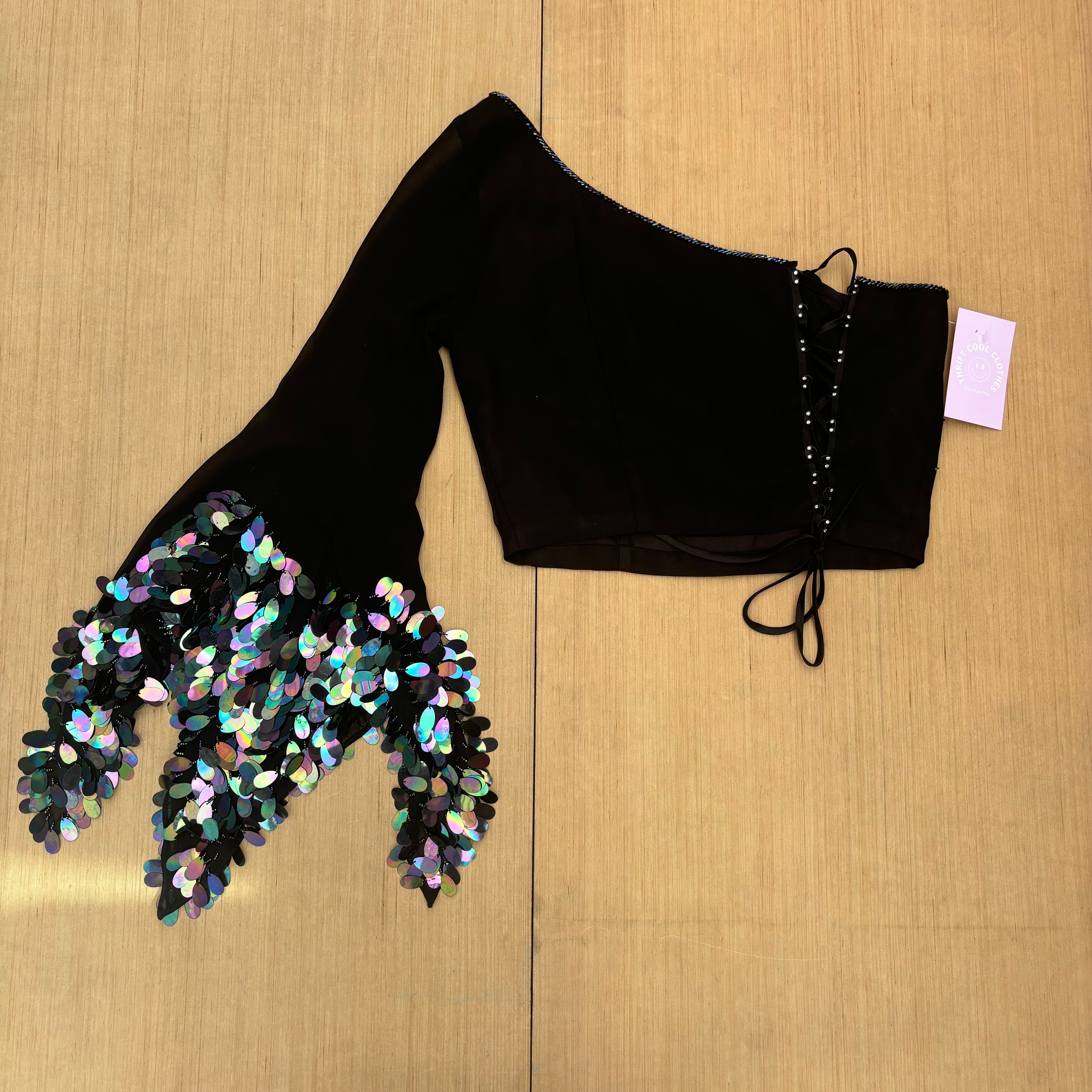 Black blue One shoulder beaded blouse, M