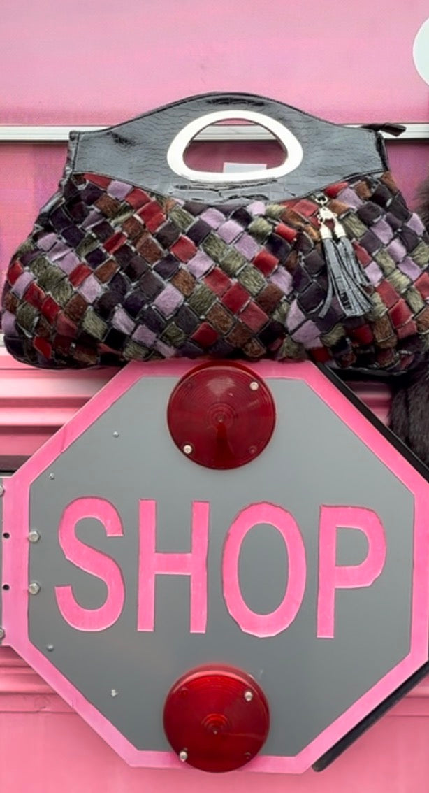 black purple green funky faux fur handbag