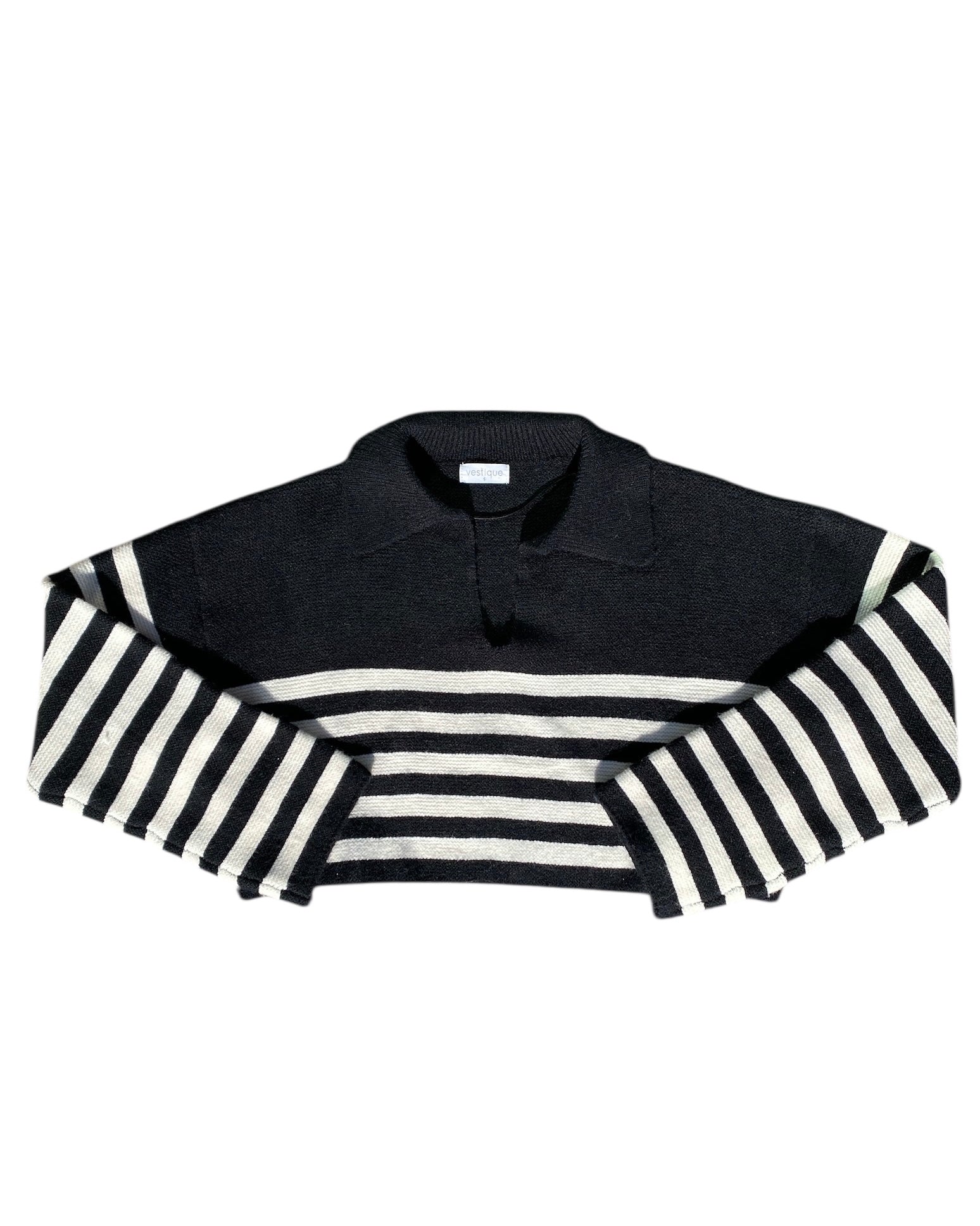 Black white Vestique Striped collared crop sweater, S
